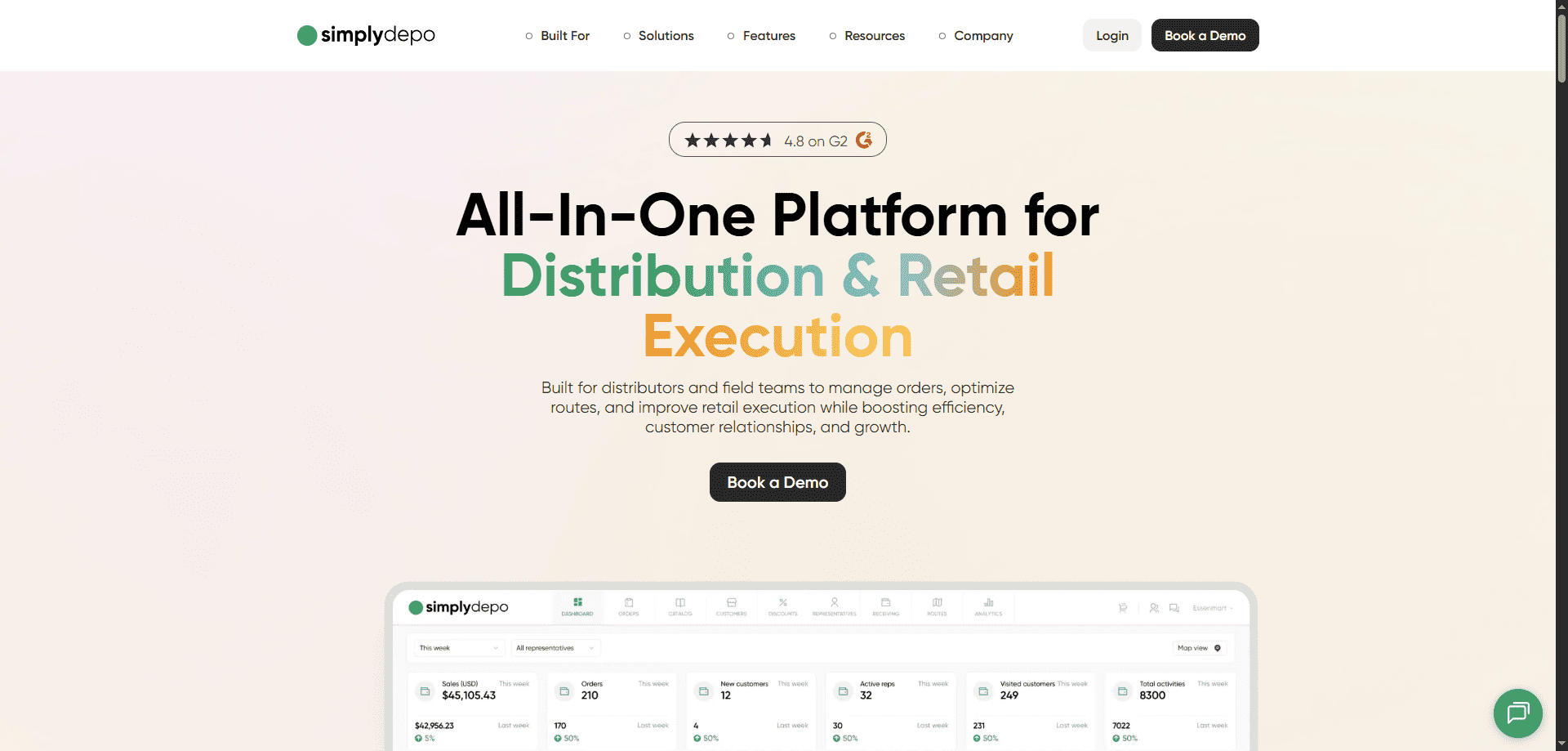 SimplyDepo homepage screenshot showing its distribution platform with sales mapping, territory coverage, demo booking, and navigation menus.
