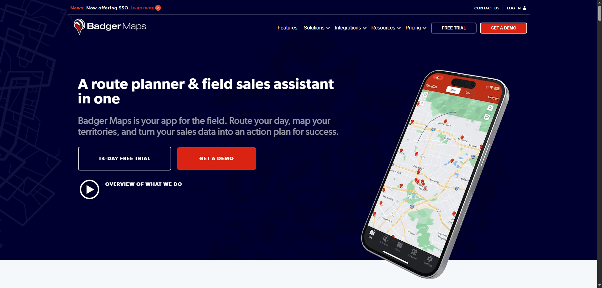 Badger Maps homepage screenshot with route planning headline, map on phone, nav links, and free trial and demo buttons for field sales CRM.