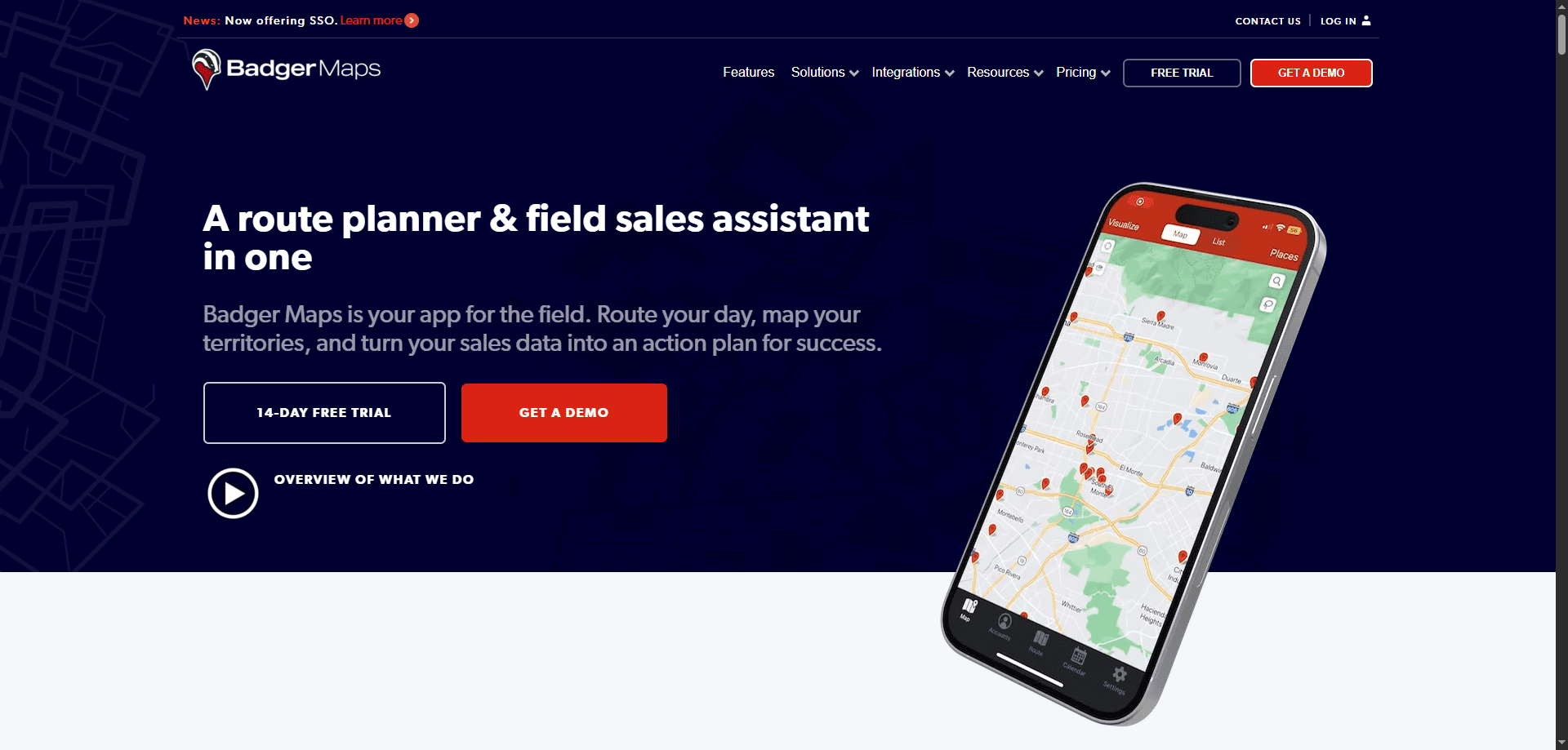 Badger Maps homepage screenshot with AI route planning app headline, phone showing a map, free trial/demo buttons, and map-themed background.
