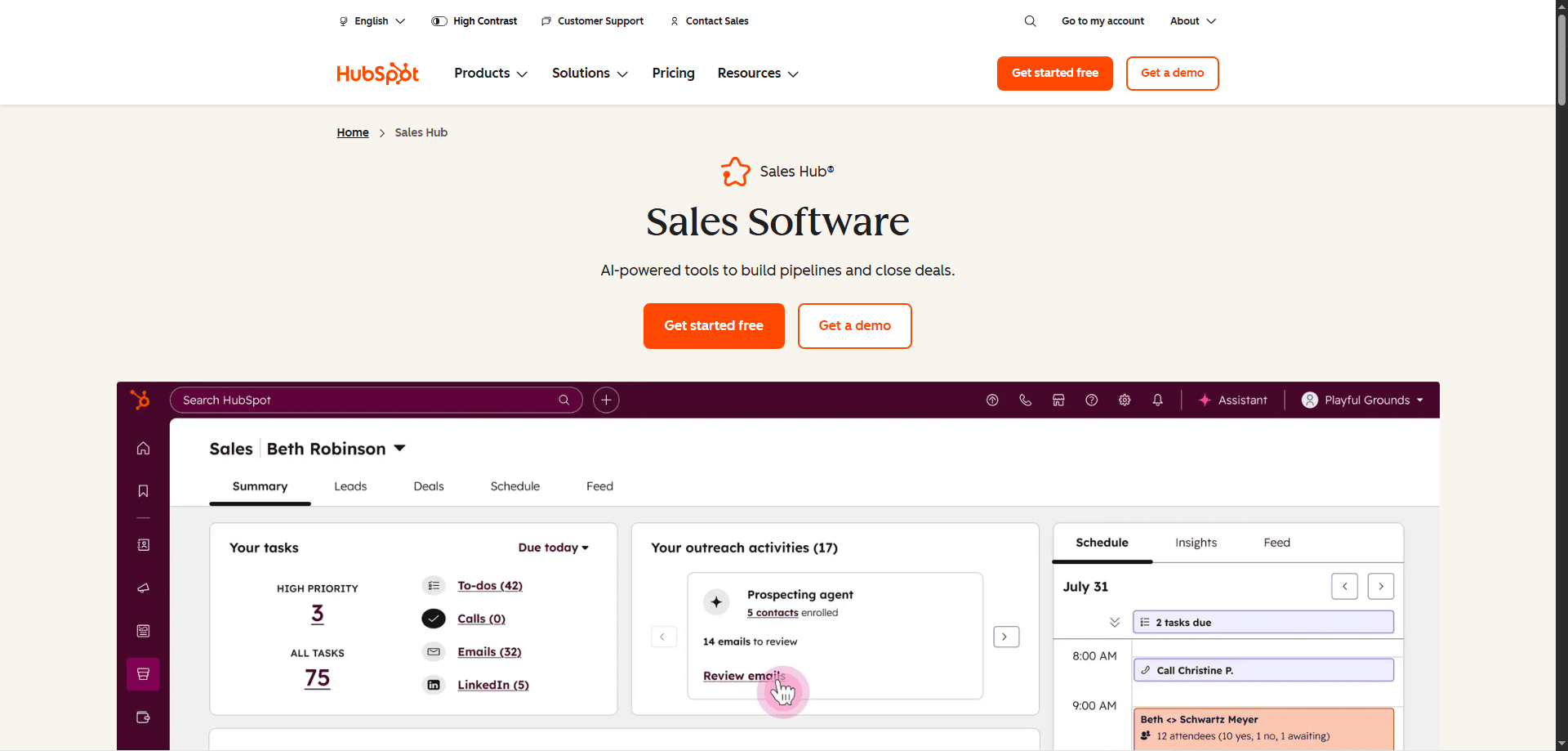 On HubSpot Sales dashboard, a user taps "Review notes" in outreach activities to access tasks and July 31 schedule details.