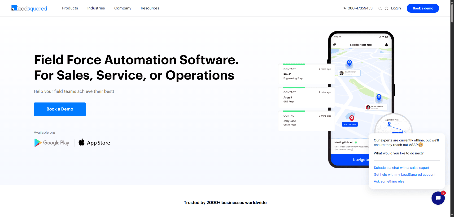 Homepage of top field sales CRM software with Book a Demo, mobile app links, phone map display, and live chat customer support.