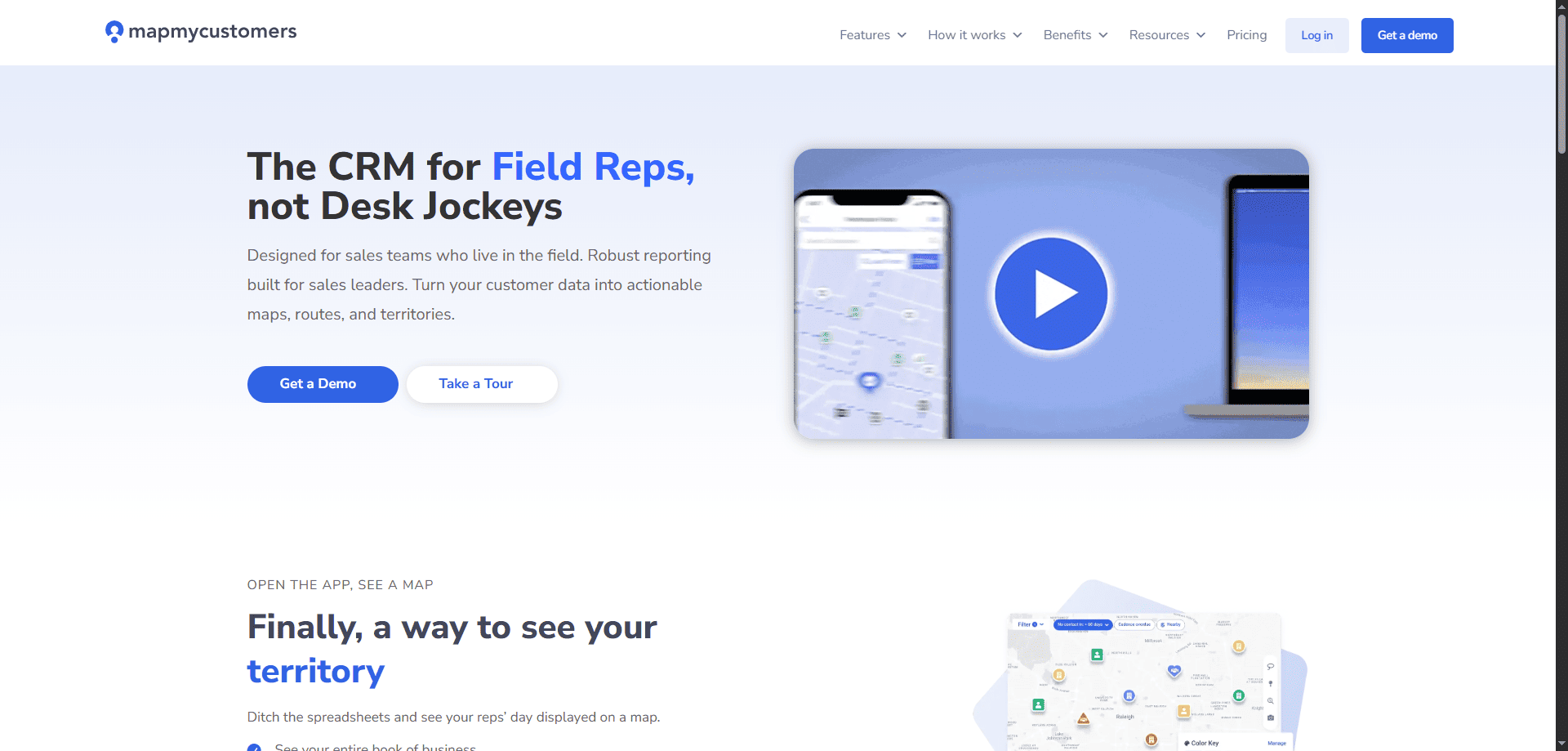 Map My Customers homepage with headline for field sales reps, video preview, and prominent Get a Demo and Take a Tour buttons.