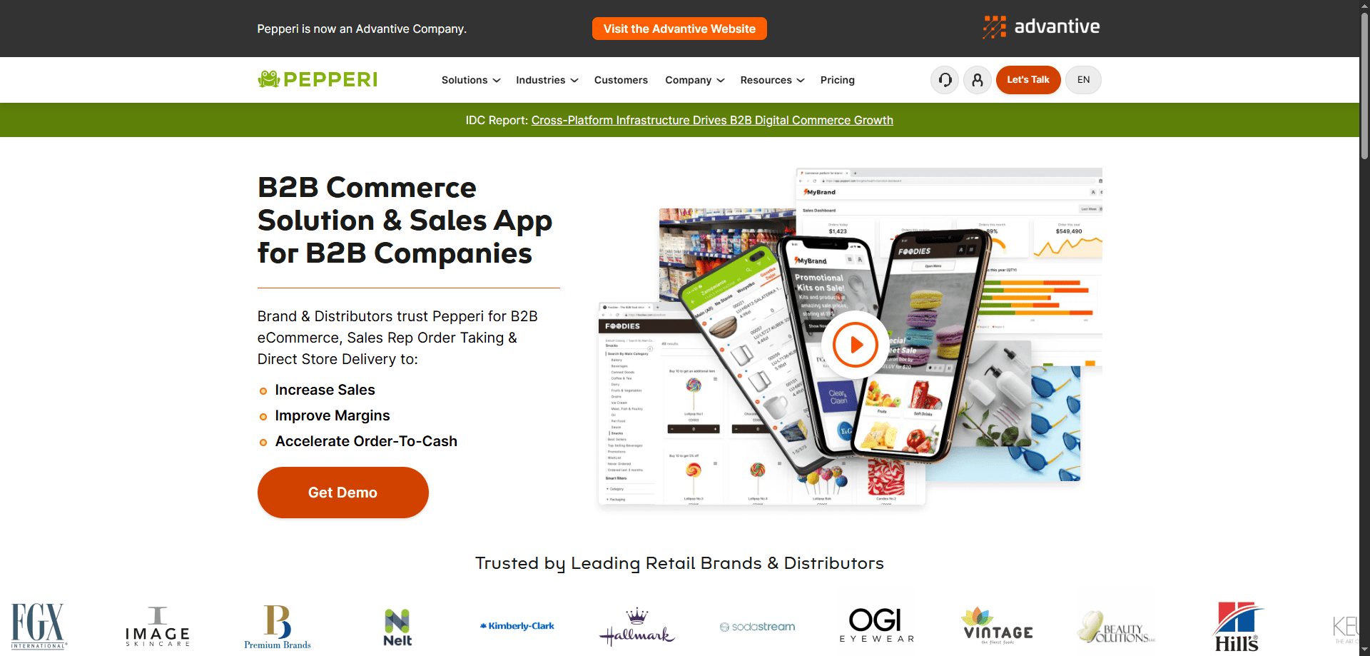Pepperi homepage screenshot featuring B2B commerce and sales planning software, demo button, app previews, features, and retail brand logos.