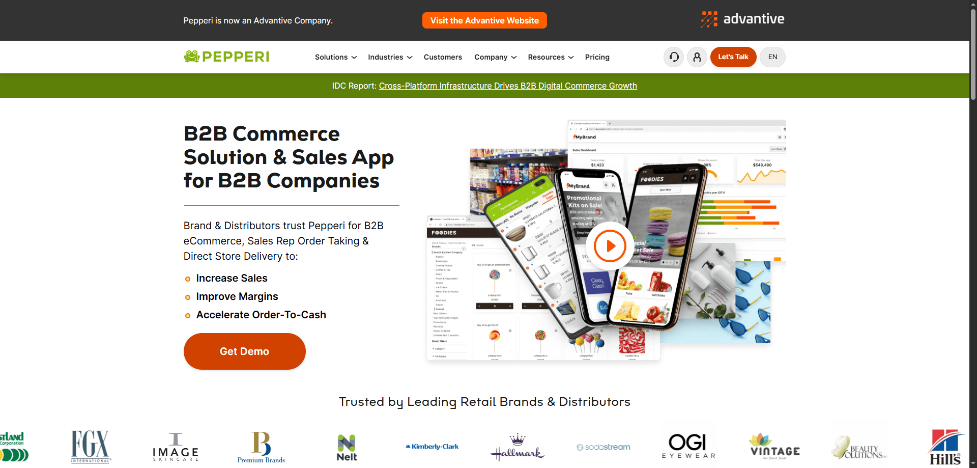 Pepperi homepage screenshot displaying B2B commerce tools for field sales, product images, analytics graphs, Get Demo CTA, and partner logos.