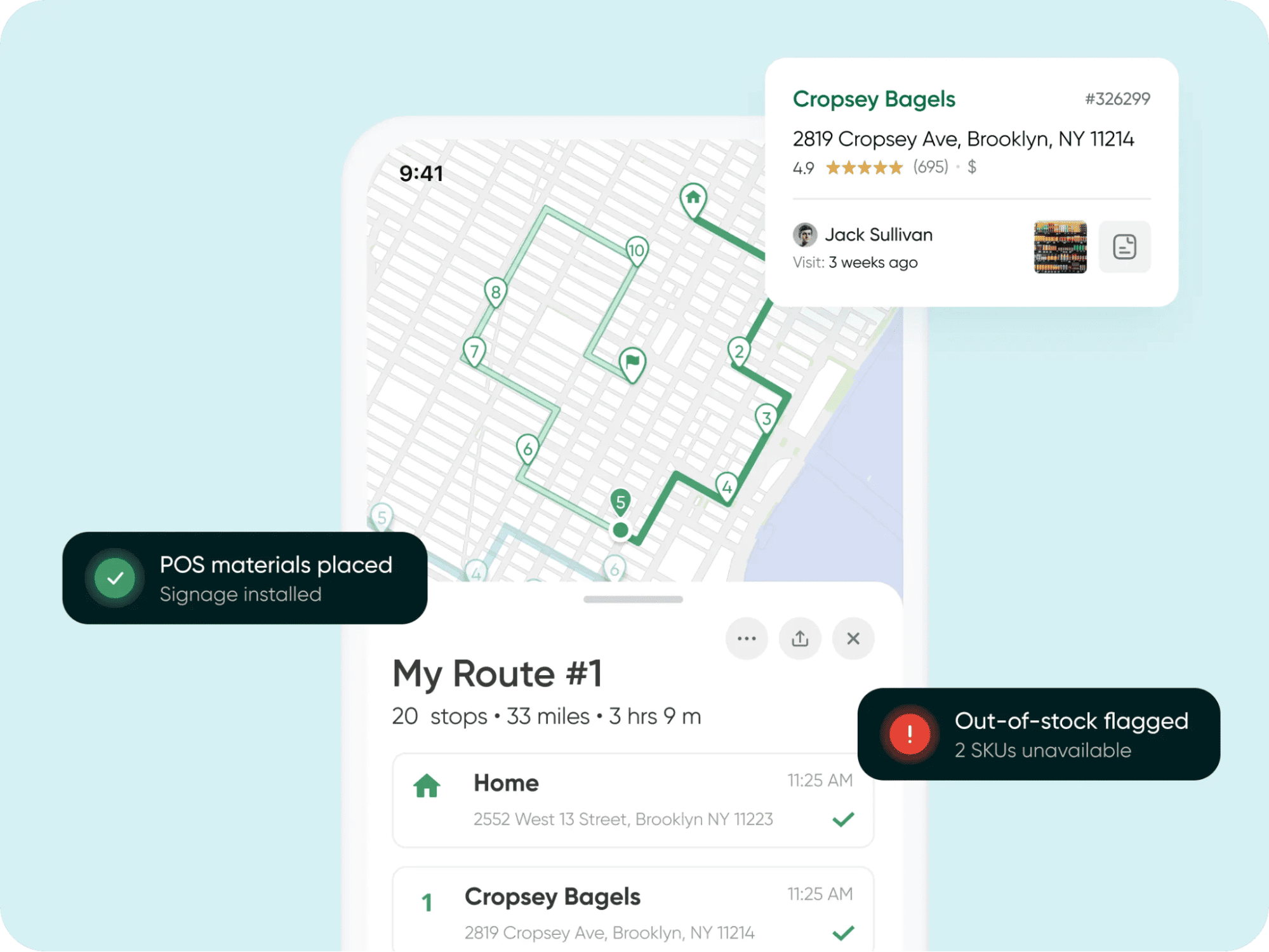 A smartphone shows a delivery route map with stops, sales alerts, and a Cropsey Bagels card in Brooklyn, NY for field reps.