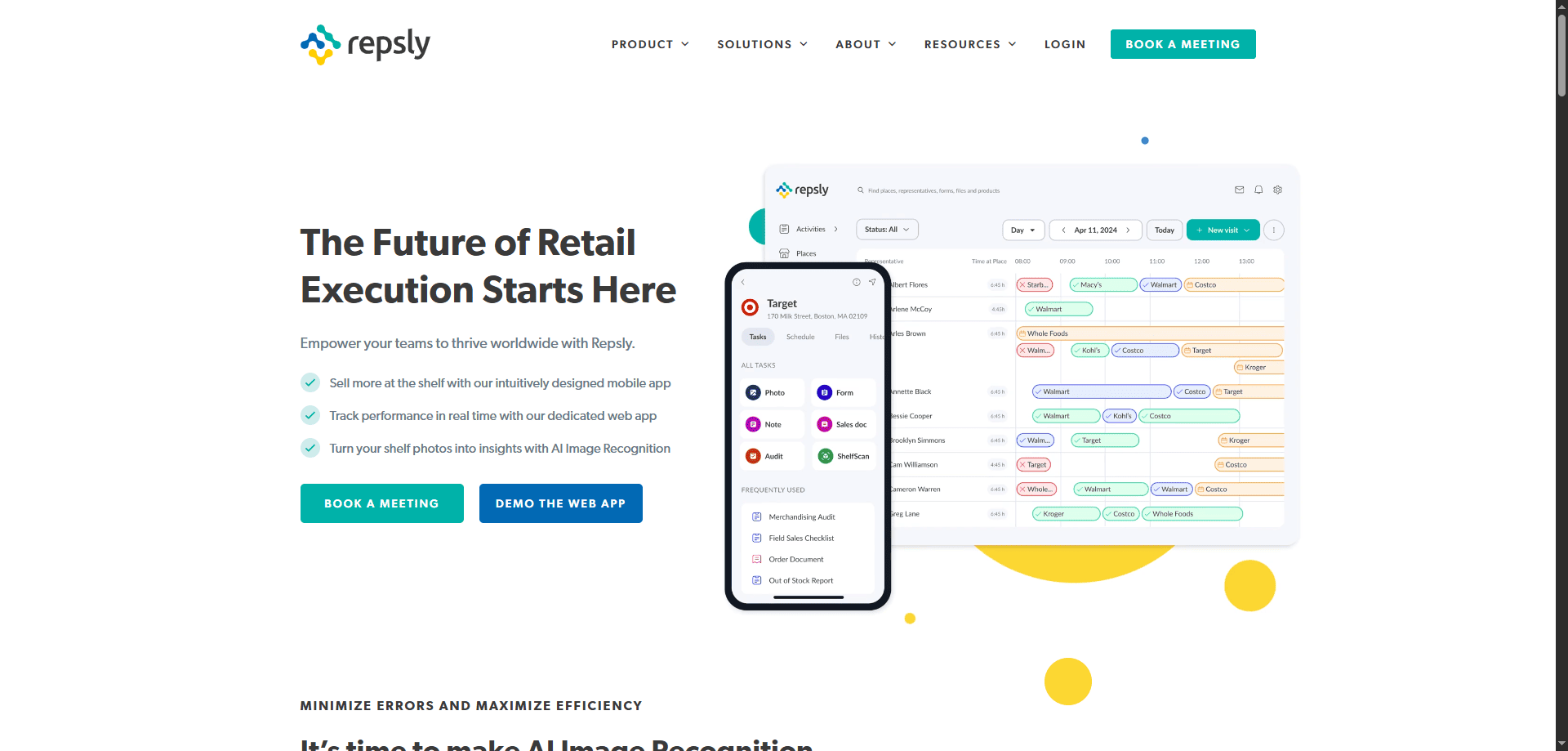Repsly homepage screenshot with “The Future of Retail Execution Starts Here,” booking options, and software shown on phone and desktop.