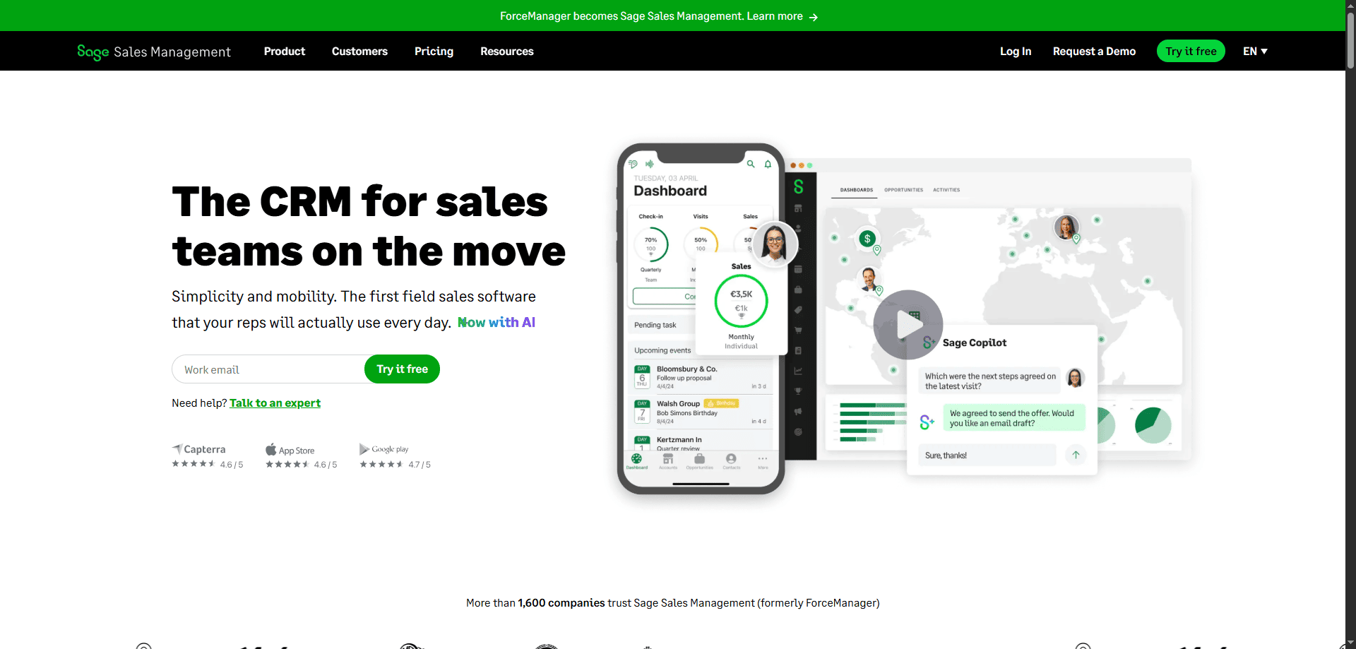 Homepage screenshot of Sage Sales Management featuring top CRM headline, mobile and web dashboard views, and free trial signup options.