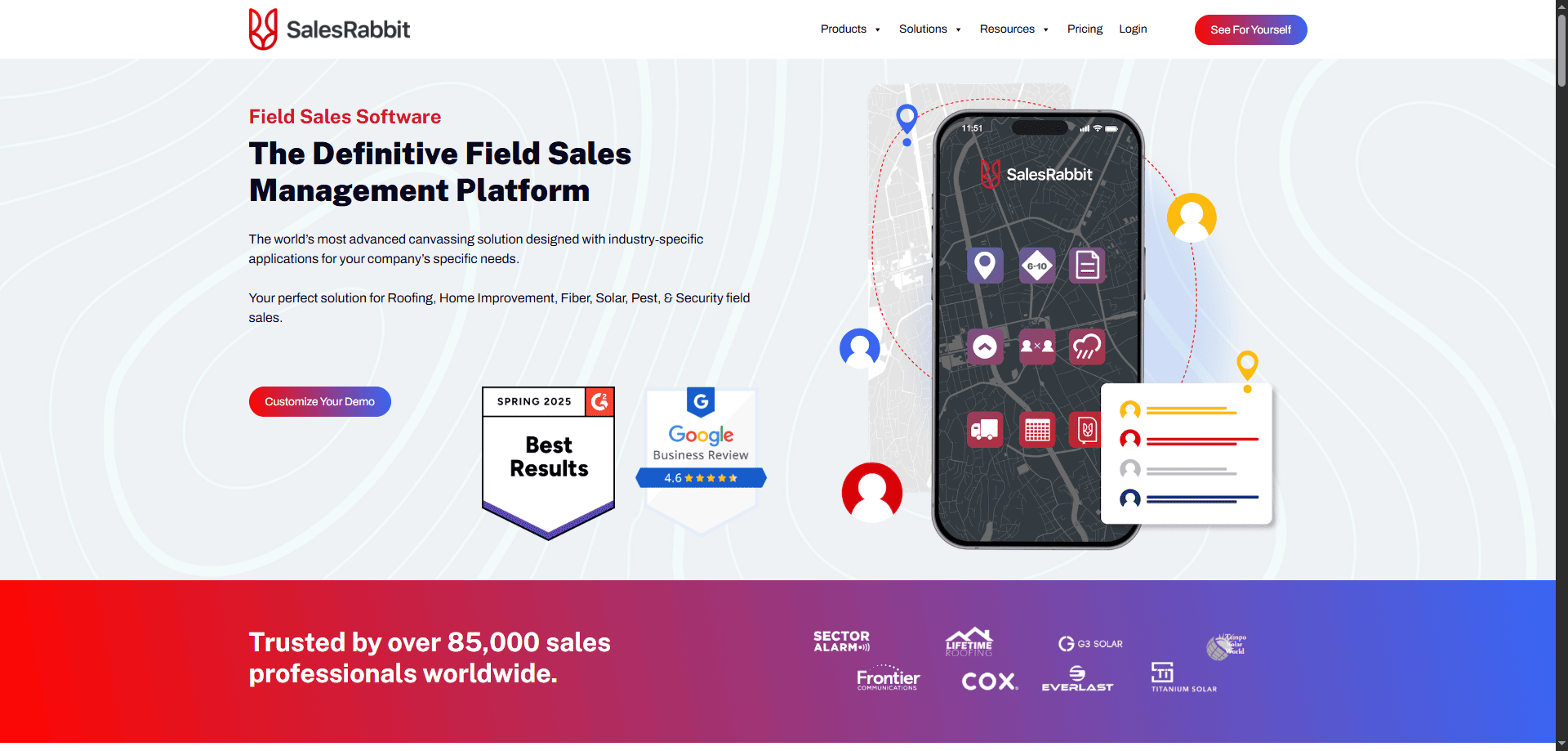 SalesRabbit homepage screenshot highlighting top field sales CRM software, with map on mobile, demo/reviews buttons, and client logos.