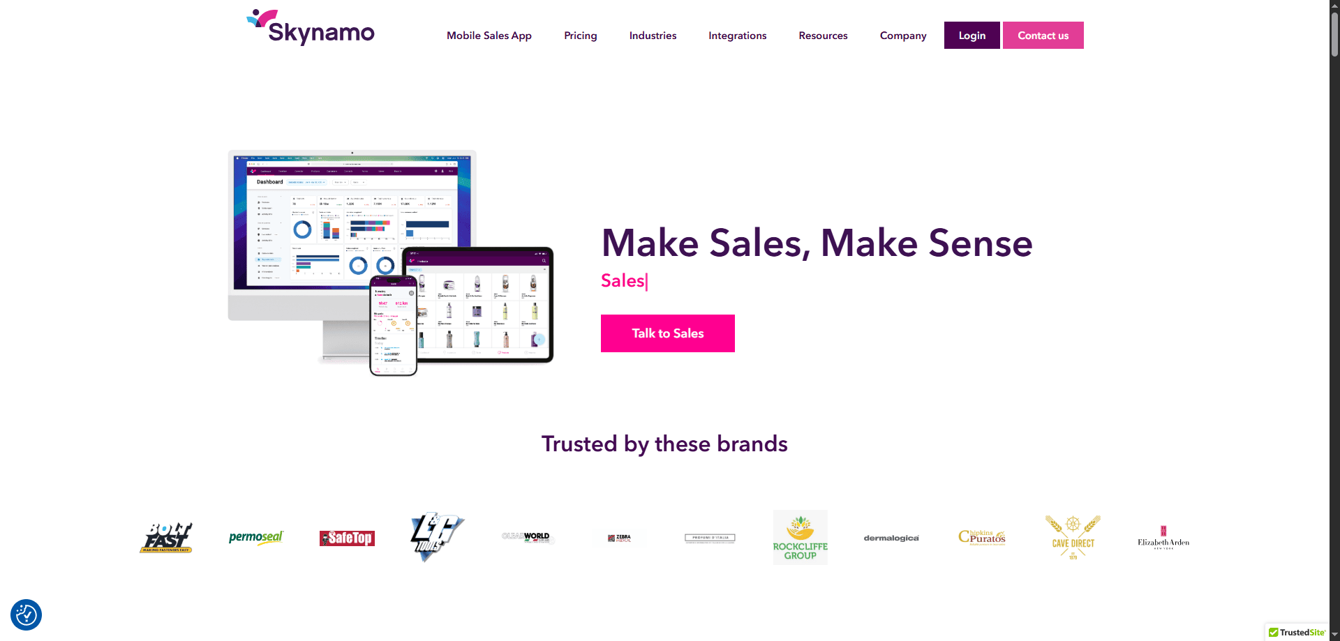Skynamo homepage screenshot with “Make Sales, Make Sense,” CRM sales dashboards on devices, and trusted partner brand logos below.