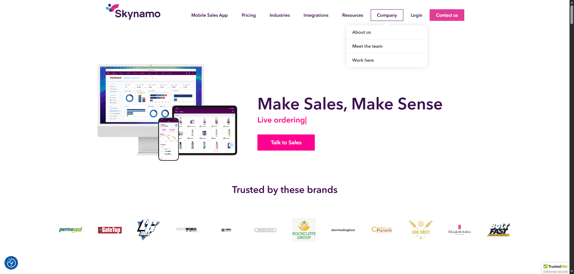 Skynamo homepage screenshot with Mobile-First CRM on computer, tablet, and phone displays, “Make Sales Make Sense” slogan, logos, and menu.