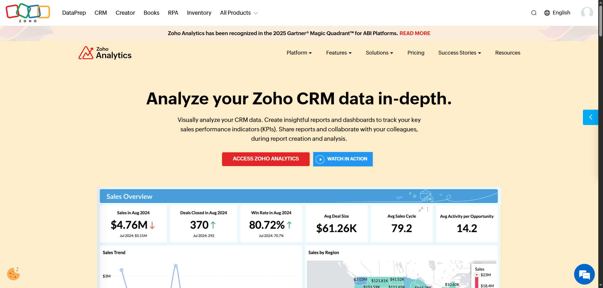 Zoho Analytics dashboard on screen with CRM graphs, key sales insights, and visible “Access Zoho Analytics” and “Watch in action” buttons.