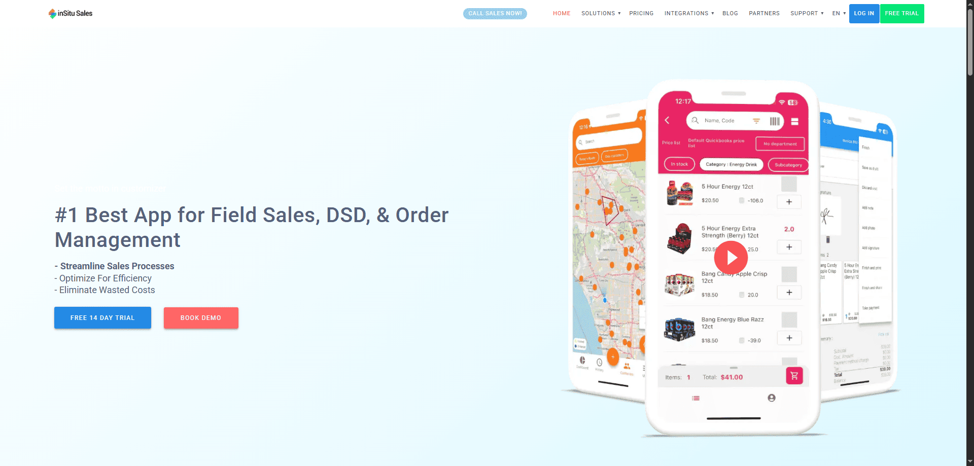 DSD Solutions field sales app homepage with three layered smartphone screens showing maps, routes, orders, and bold benefit text.