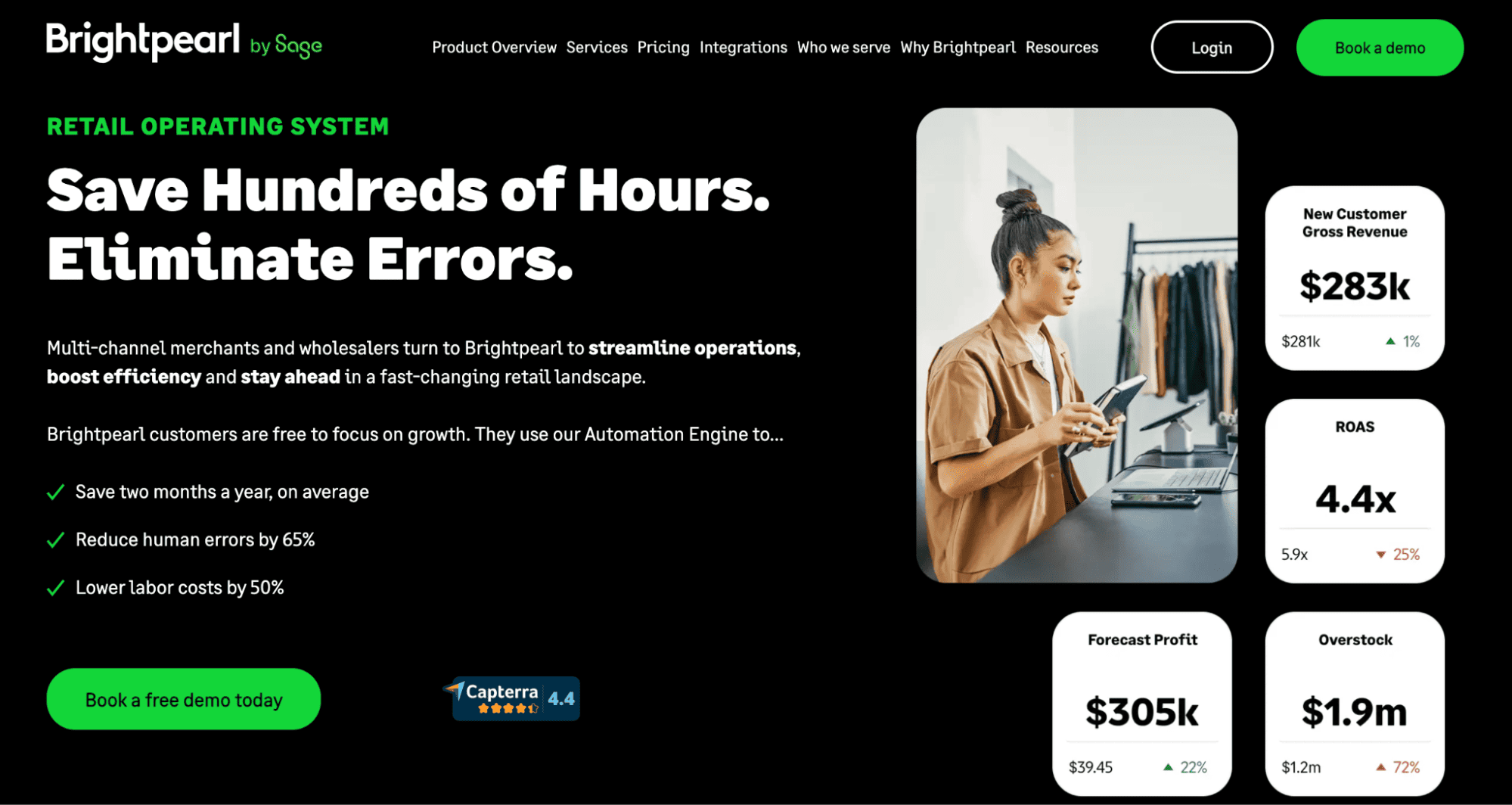 A woman uses her laptop at a desk with packages and coffee, beside Brightpearl’s retail system ad showcasing benefits for small businesses.