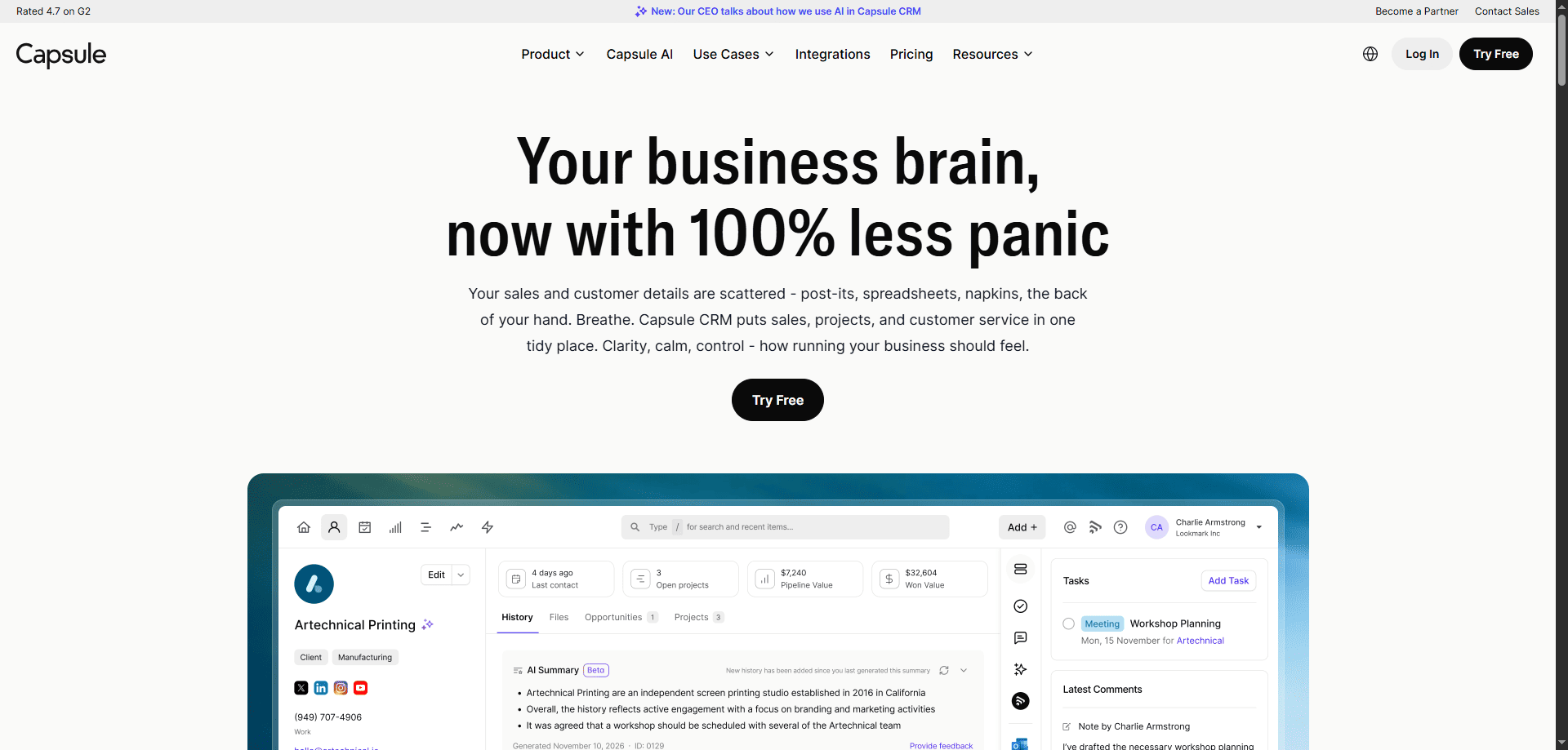 Capsule CRM homepage screenshot with the tagline “Your business brain, now with 100% less panic” and demo dashboard view for sales reps.