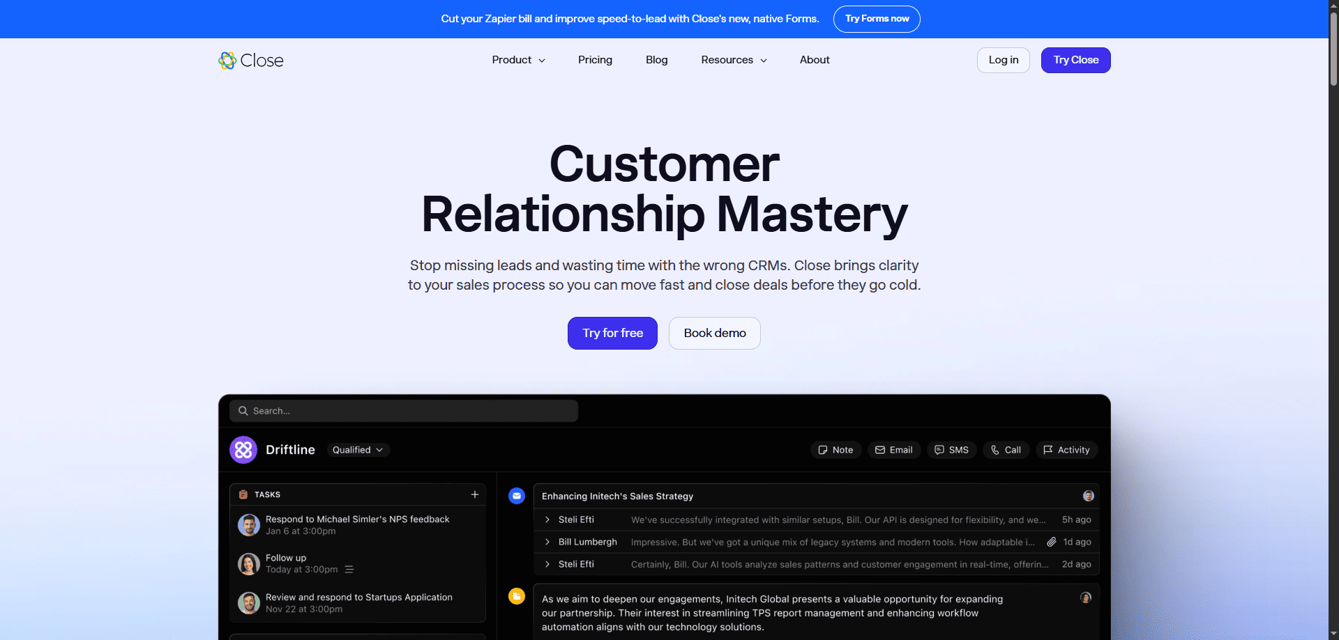 Close CRM homepage screenshot highlighting Customer Relationship Mastery, top CRM selections, and a sleek dark interface with sales tools.