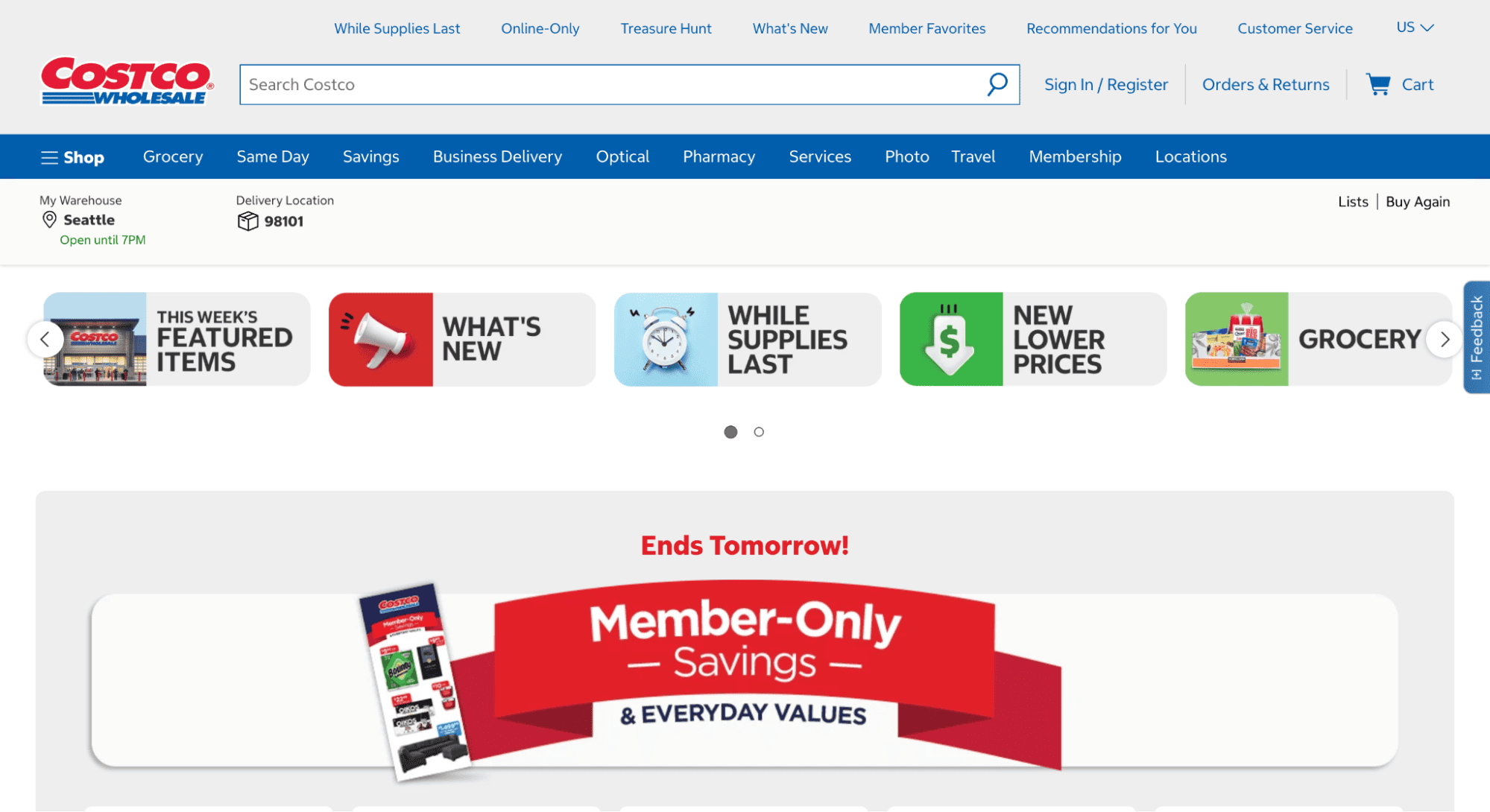 Costco homepage screenshot showing navigation menus, location settings, and banners for deals, new items, and exclusive member savings.