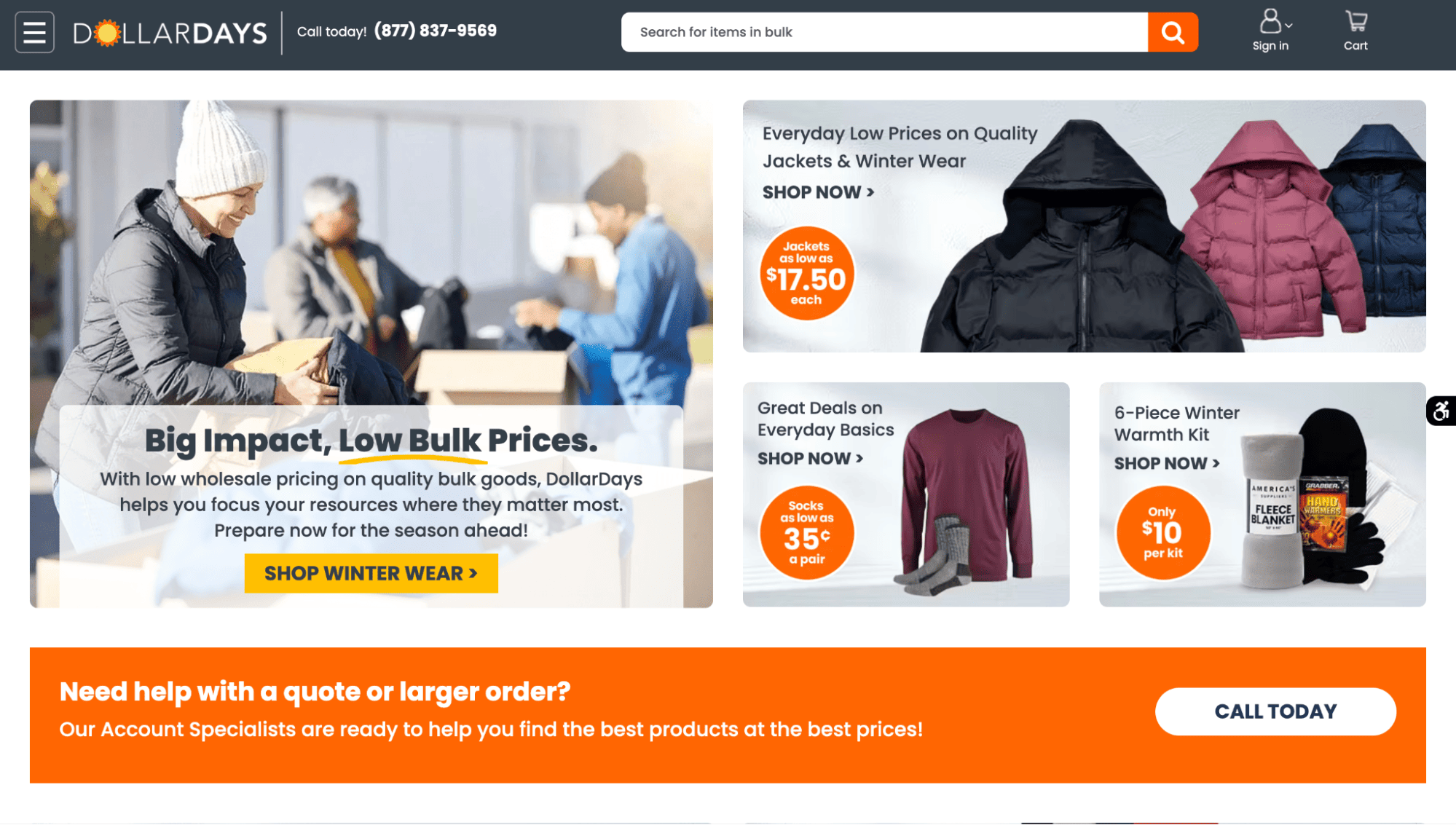 DollarDays homepage screenshot with winter jackets, hats, socks, and hand warmers. Banners highlight bulk deals and large order contact options.