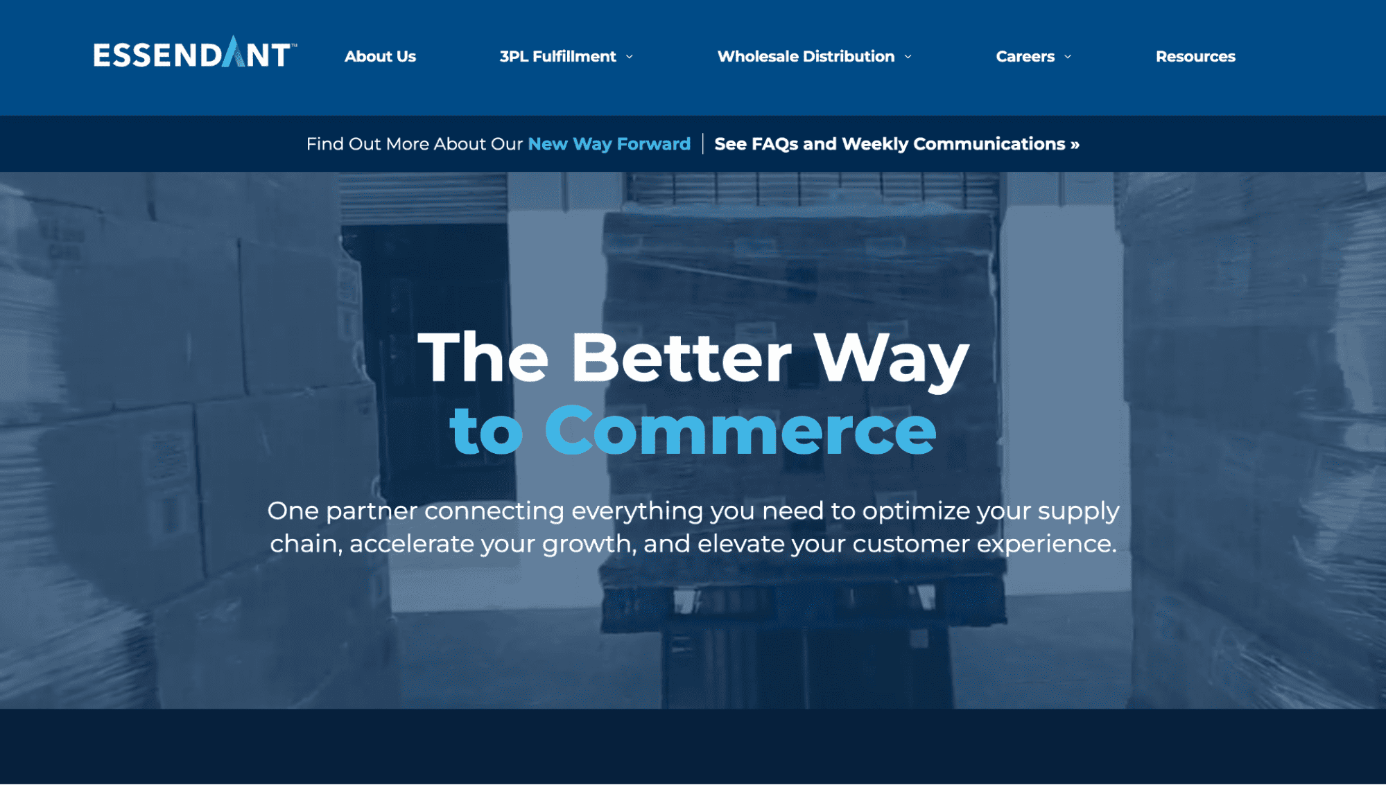 Essendant homepage with "The Better Way to Commerce" headline, warehouse pallet background, and blue resource navigation bar.