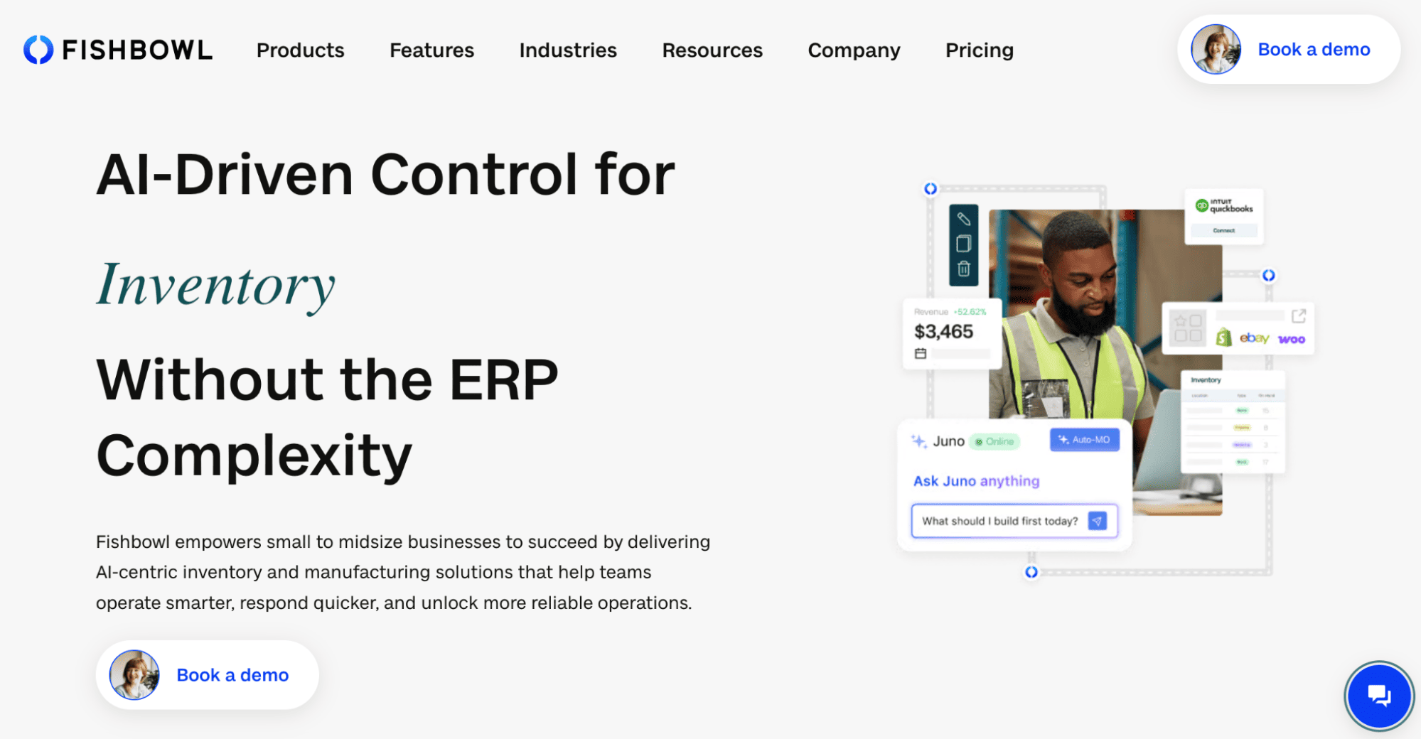 Fishbowls website with AI-Driven Inventory Control headline, Book a demo button, and a worker using tablet for 2026 inventory systems.