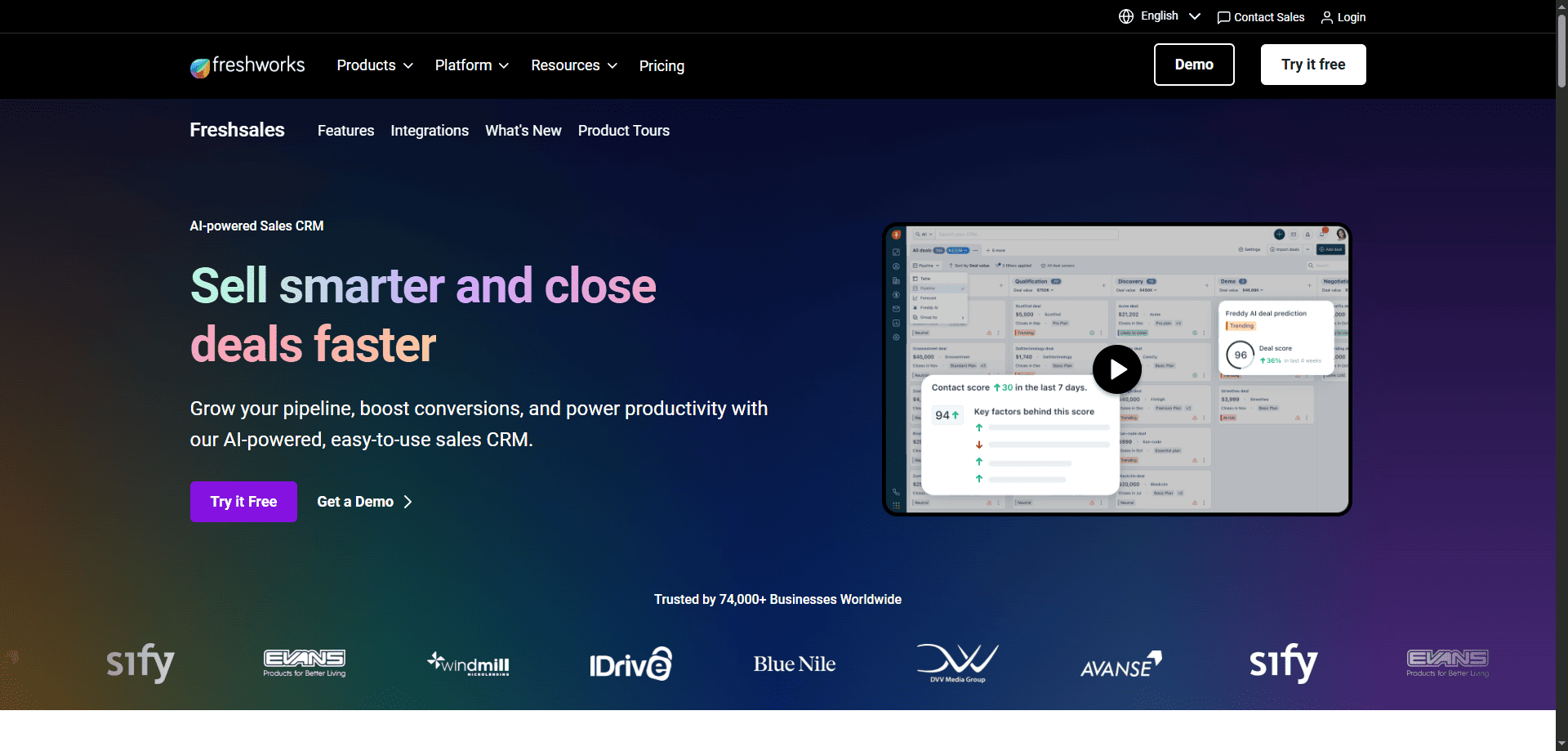 Freshsales CRM homepage screenshot featuring “Sell smarter and close deals faster,” a demo video, and signup buttons for sales reps.