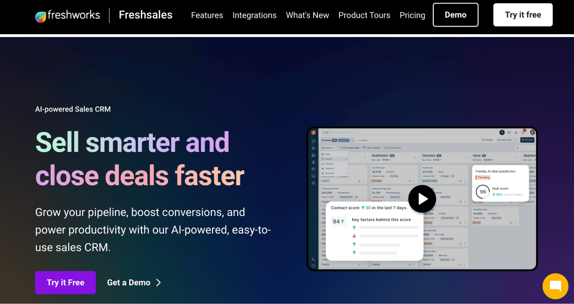 Freshsales homepage screenshot featuring "Sell smarter and close deals faster," demo and free trial options, plus CRM interface preview.