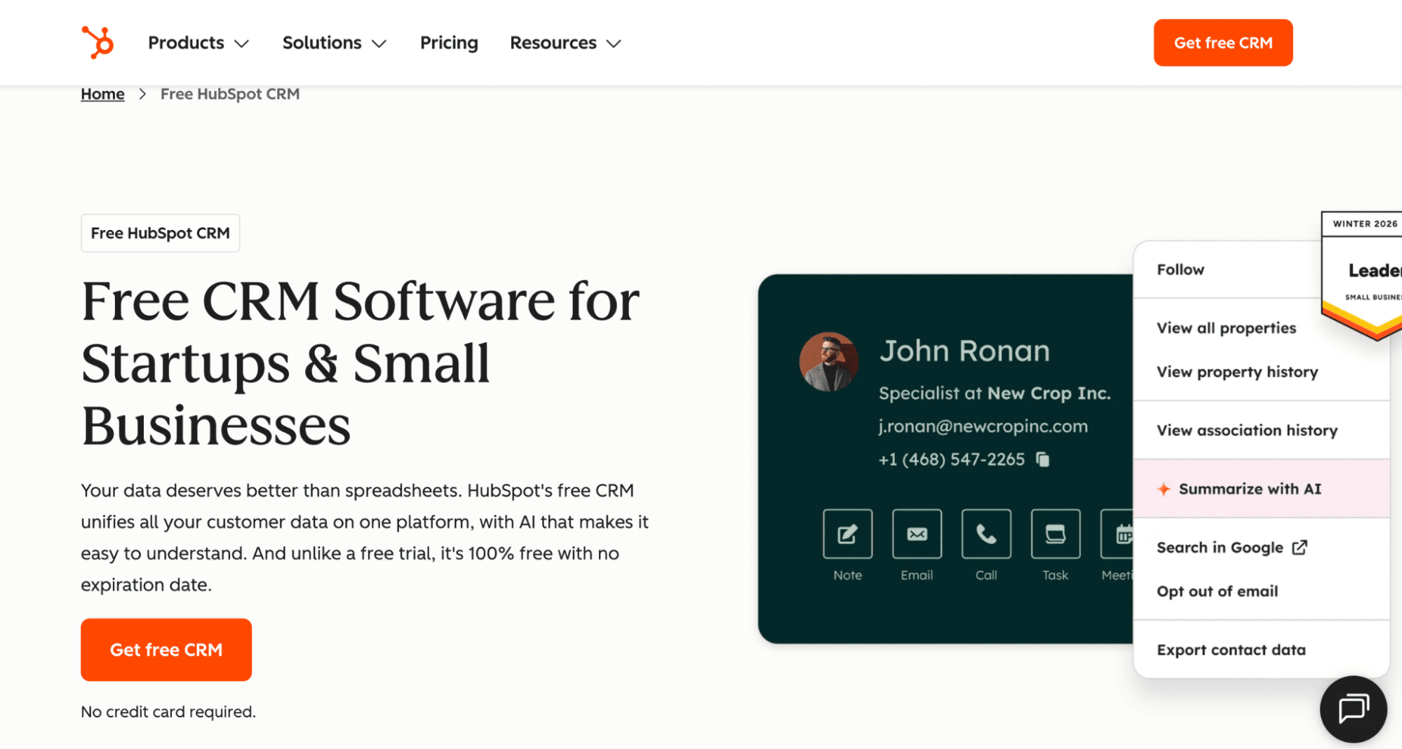 Screenshot of HubSpot’s CRM software webpage with a startup-focused headline, product overview, and contact card for outside sales.