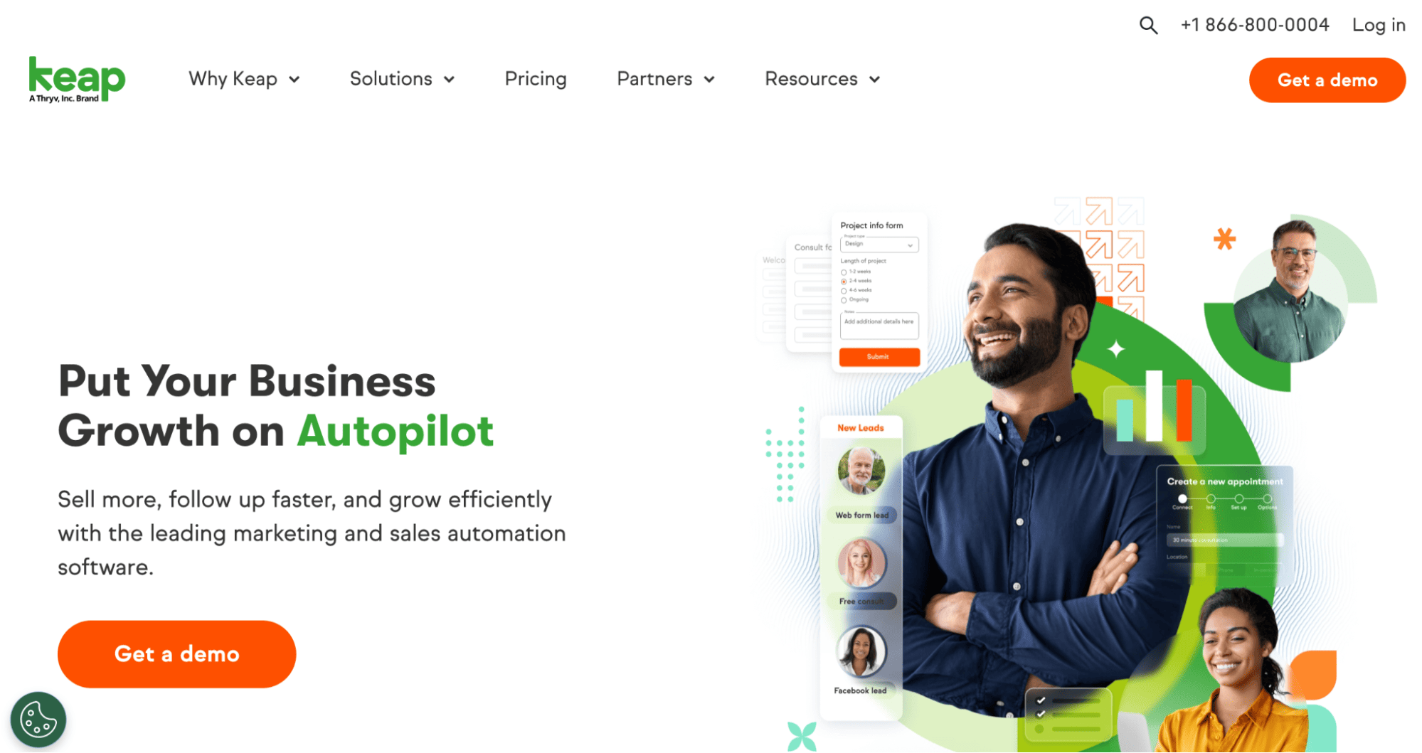 Keap homepage screenshot shows a smiling man, marketing automation visuals, “Put Your Business Growth on Autopilot,” and demo buttons.
