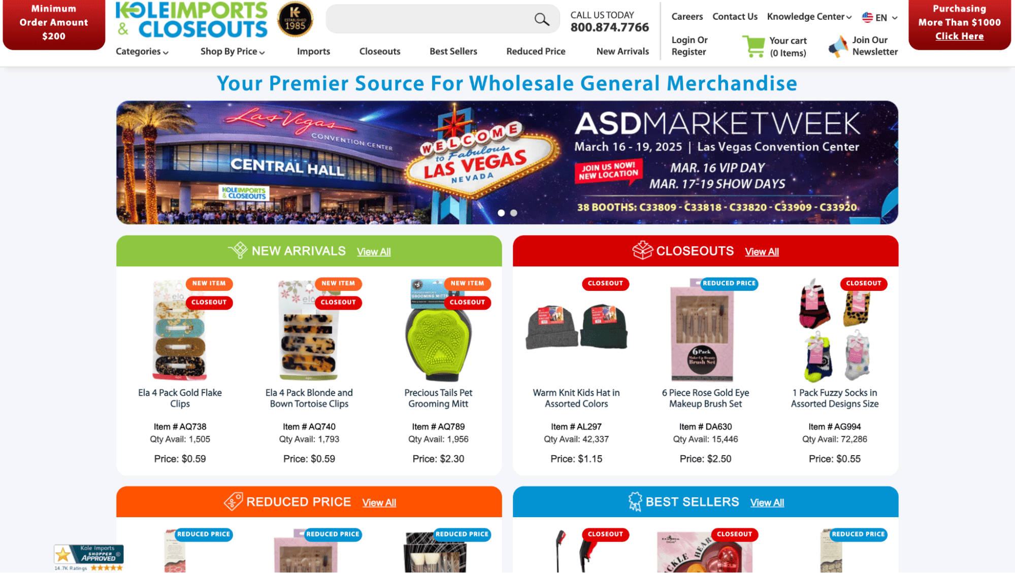 Kole Imports & Closeouts homepage featuring ASD Market Week Las Vegas banners and sections for New Arrivals, Closeouts, and Best Sellers.