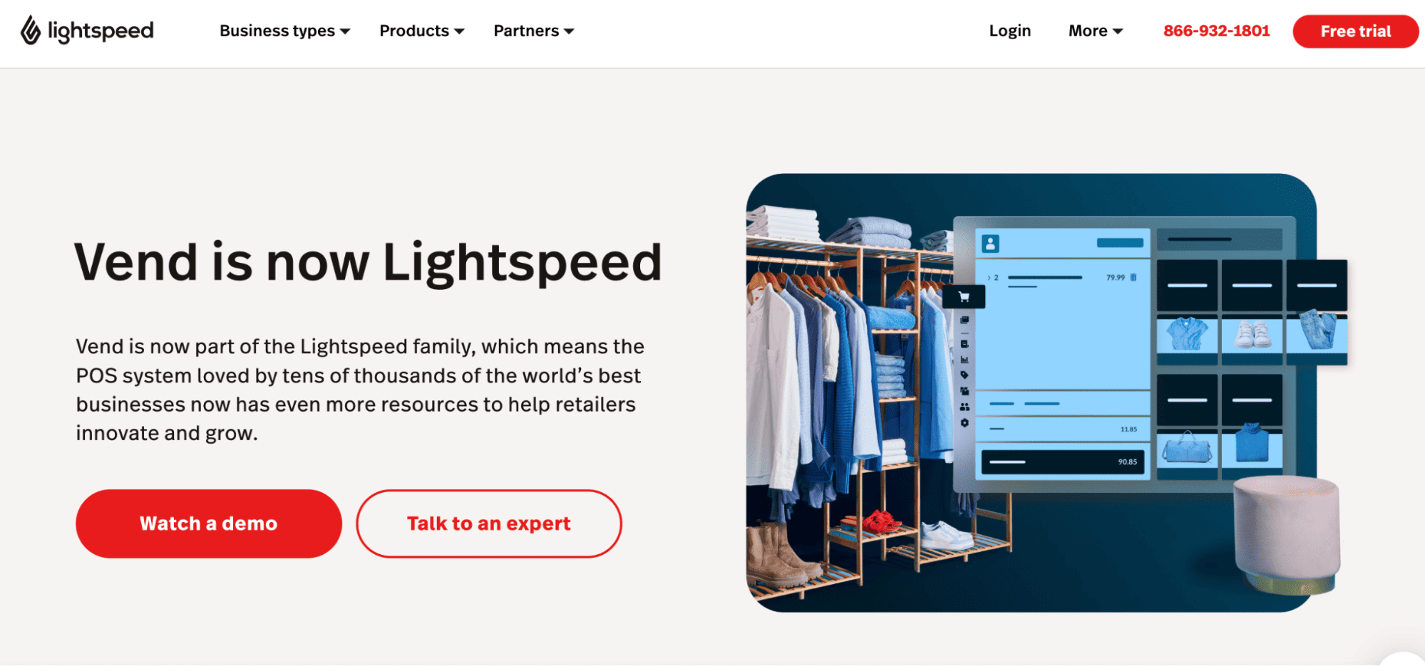 Webpage reveals Vend rebrands as Lightspeed, featuring inventory tools, clothing racks, POS screen, and a bold red Free Trial 2026 button.