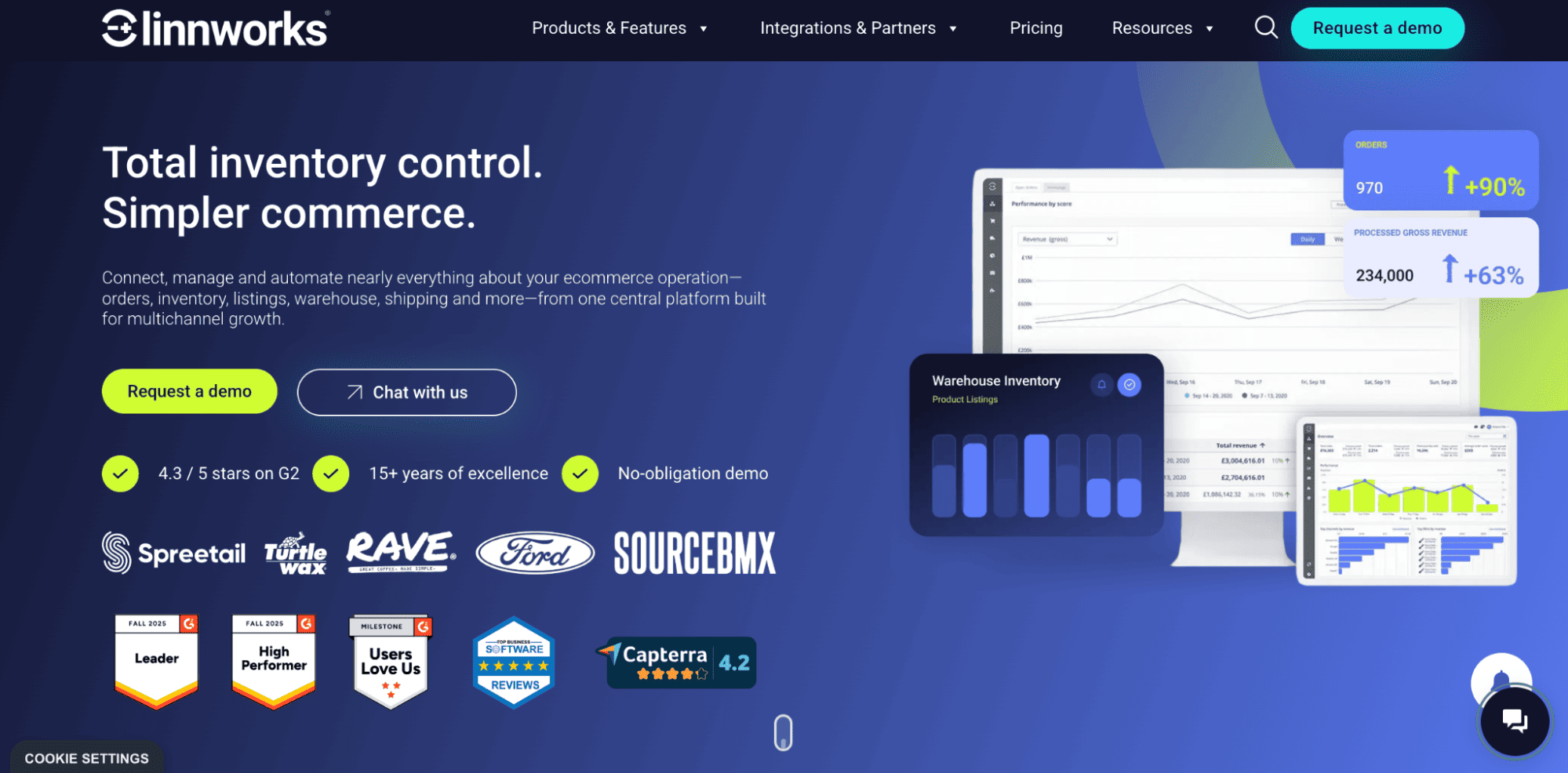 Linnworks homepage with "Total inventory control. Simpler commerce.", demo button, benefits, client logos, ratings, and inventory charts.