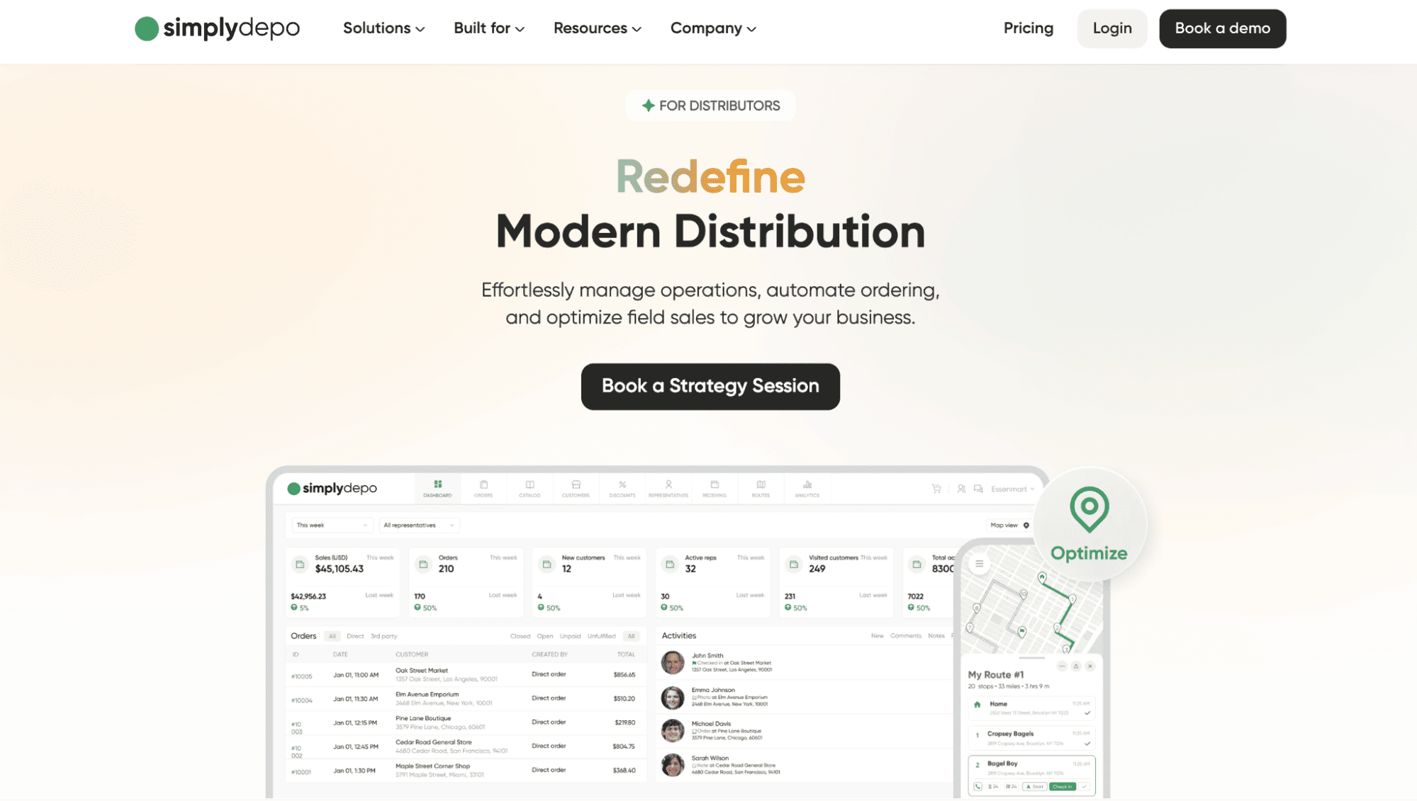 SimplyDepos homepage with "Redefine Modern Distribution" tagline, strategy session CTA, and dashboard showing order management tools.