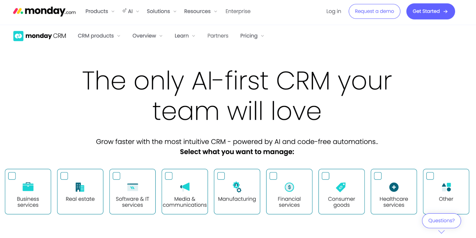 Monday.com CRM homepage with the headline "The only AI-first CRM your team will love" and highlights for top industries in 2026.
