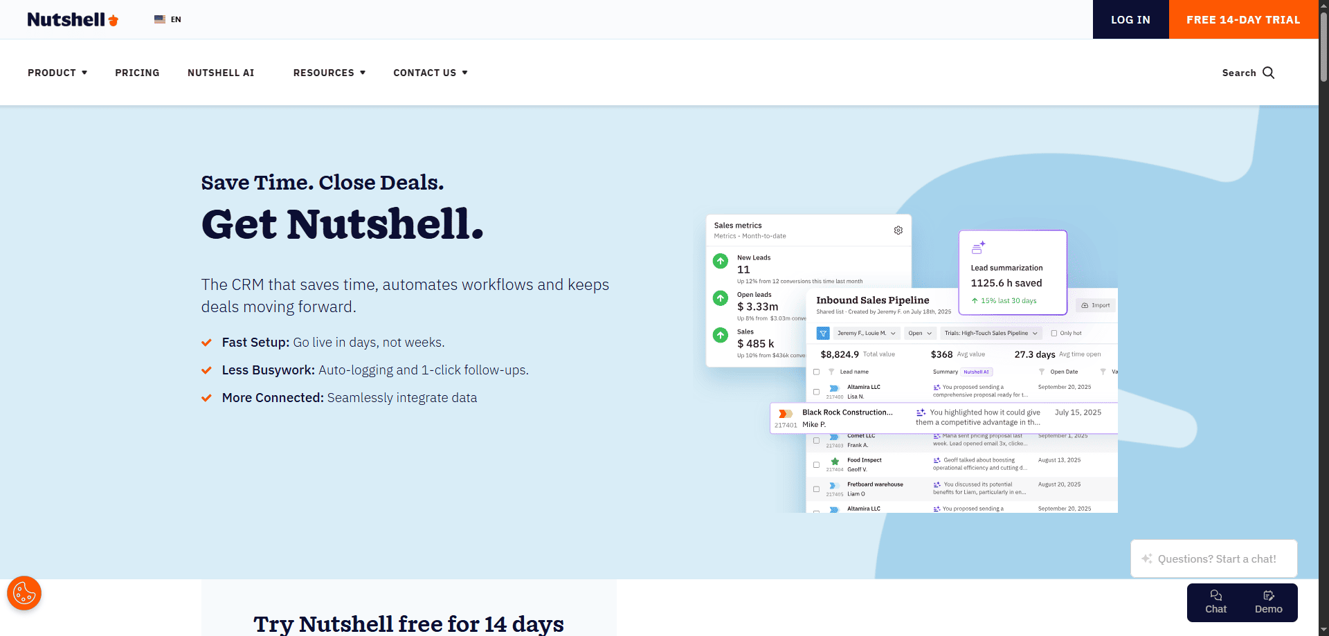 Nutshell homepage screenshot showing CRM benefits, floating dashboard images, navigation links, and “Free 14-Day Trial” for sales reps.