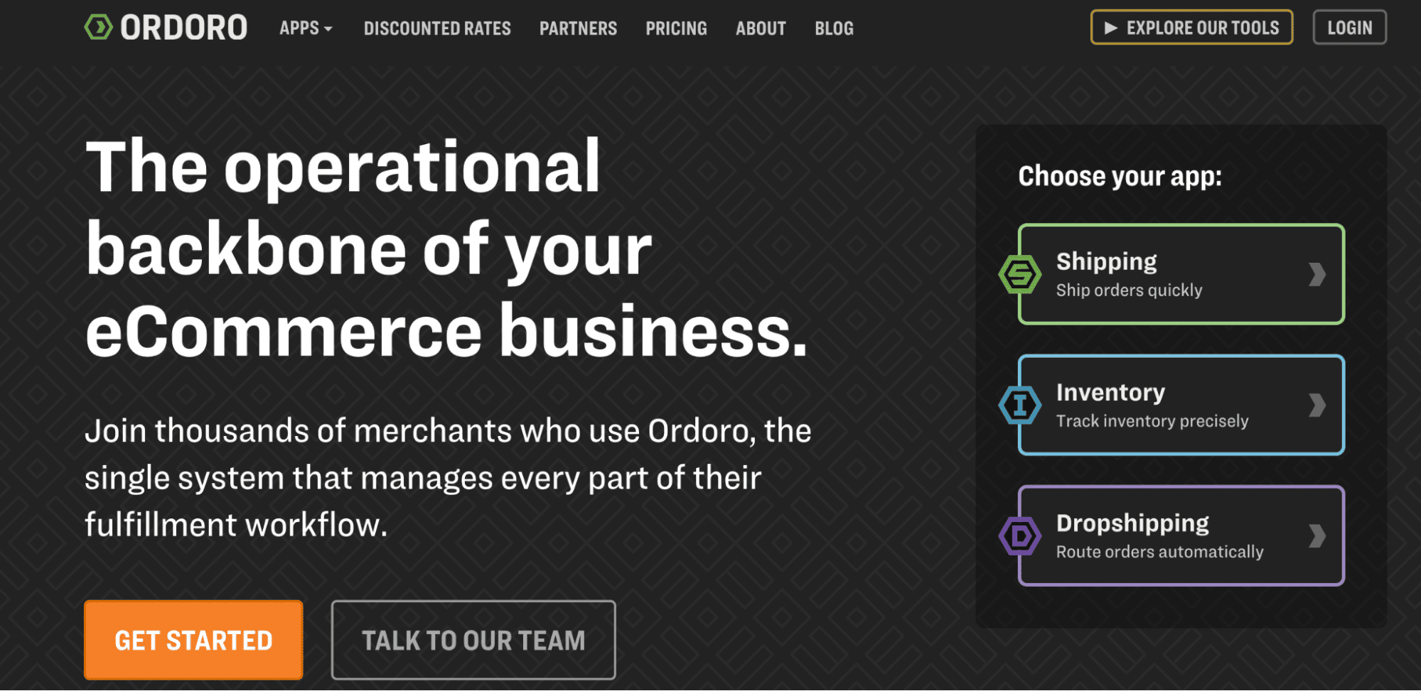 Ordoro homepage screenshot with headline, shipping, inventory, dropshipping options, and Get Started or Talk to Our Team buttons for ecommerce.