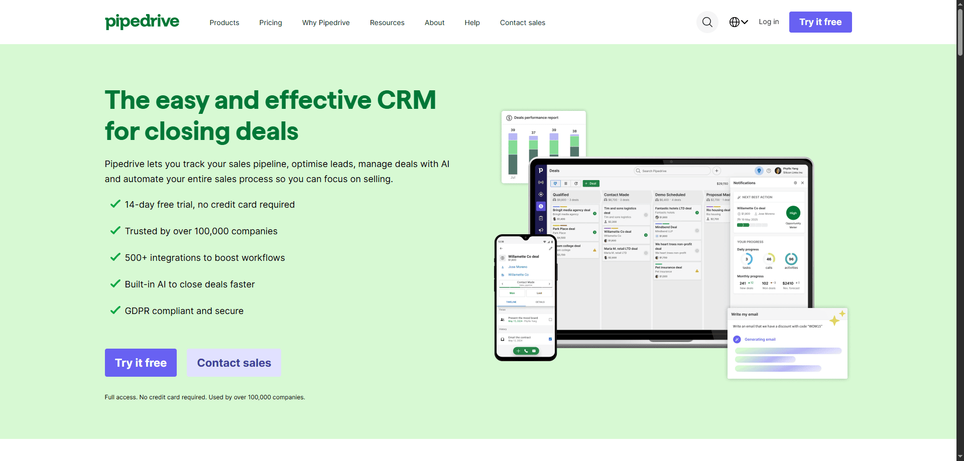 Pipedrive website screenshot with Best CRM 2026 features on laptop and phone, key benefits listed left, and purple CTA buttons below.