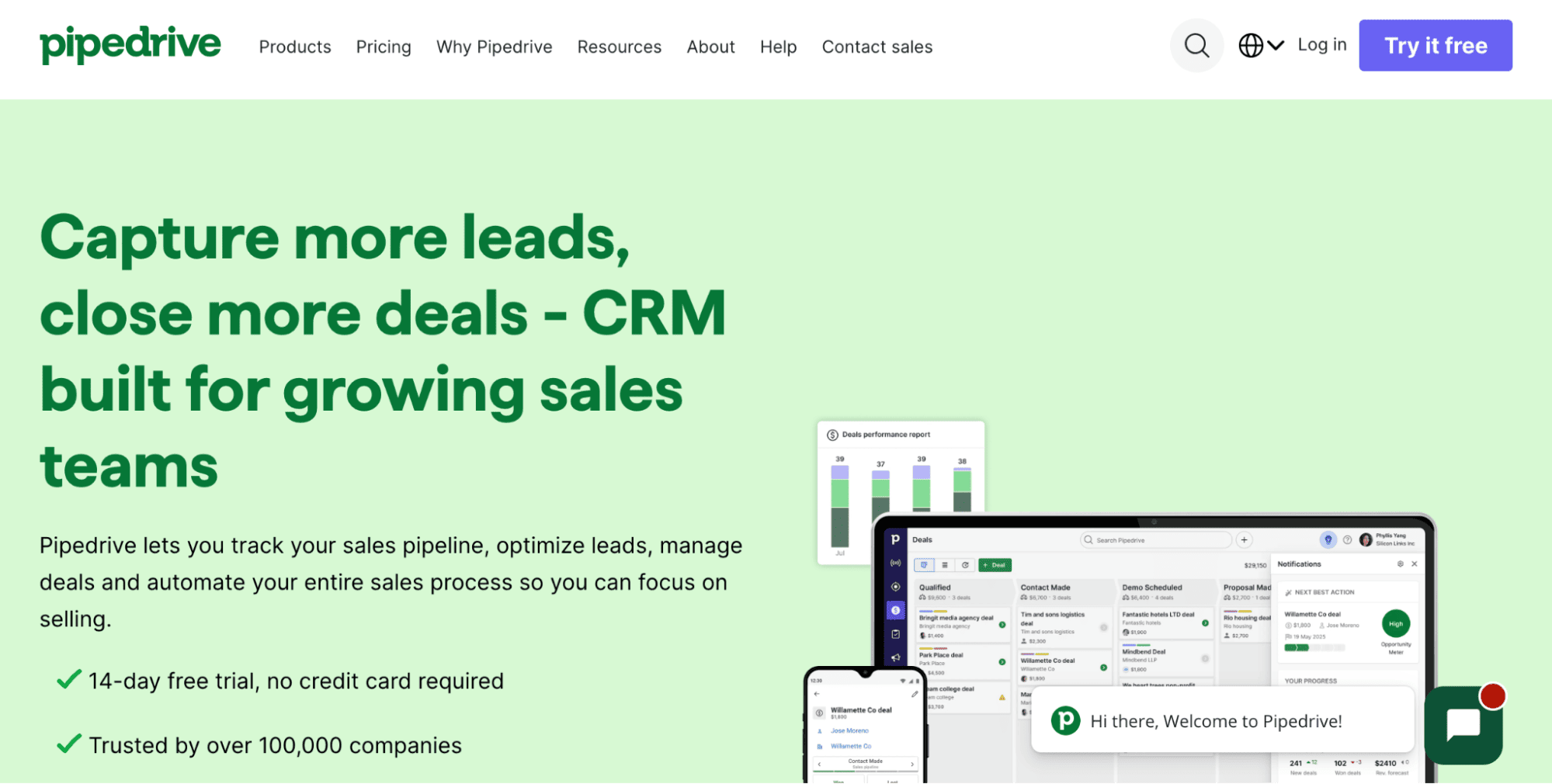 Pipedrive homepage screenshot with green background, headline on sales growth, CRM benefits below, and device images of the software.