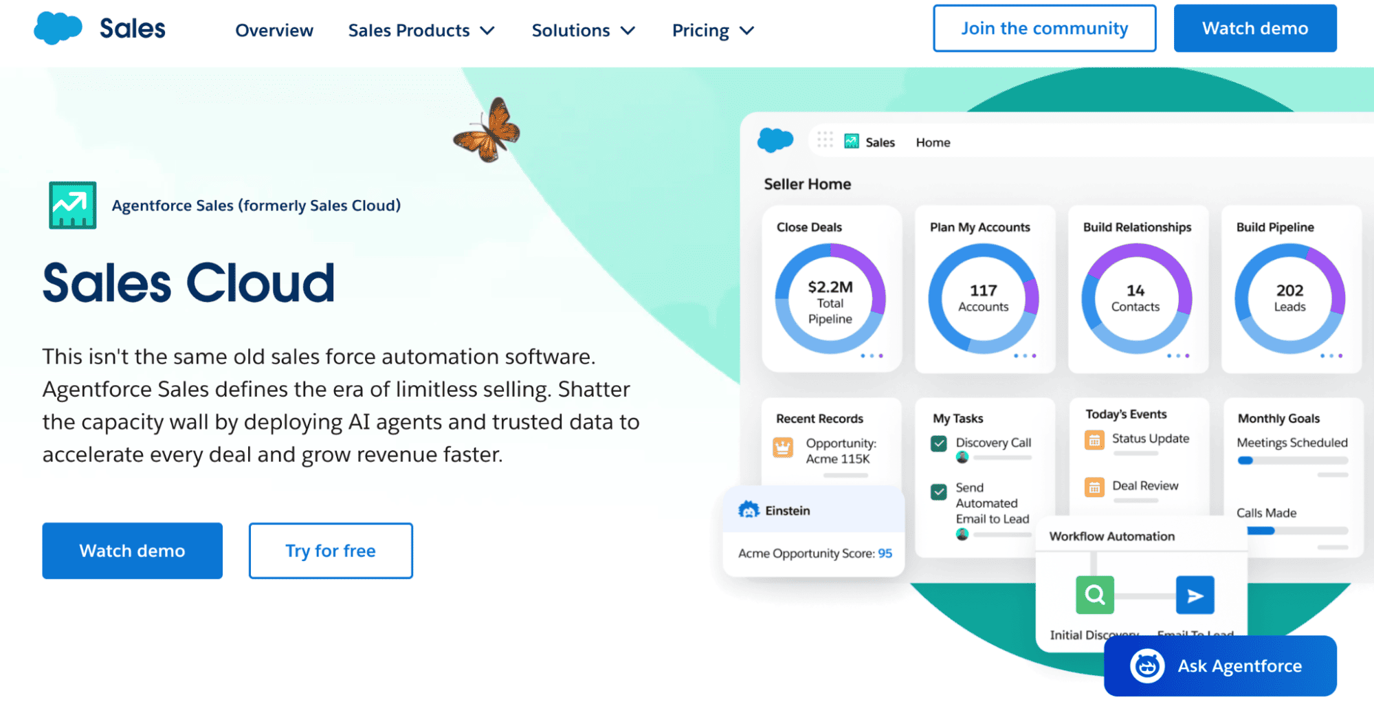 Salesforce Sales Cloud webpage showing AI-driven sales automation, top CRM features, metrics, tasks, and demo or free trial options.