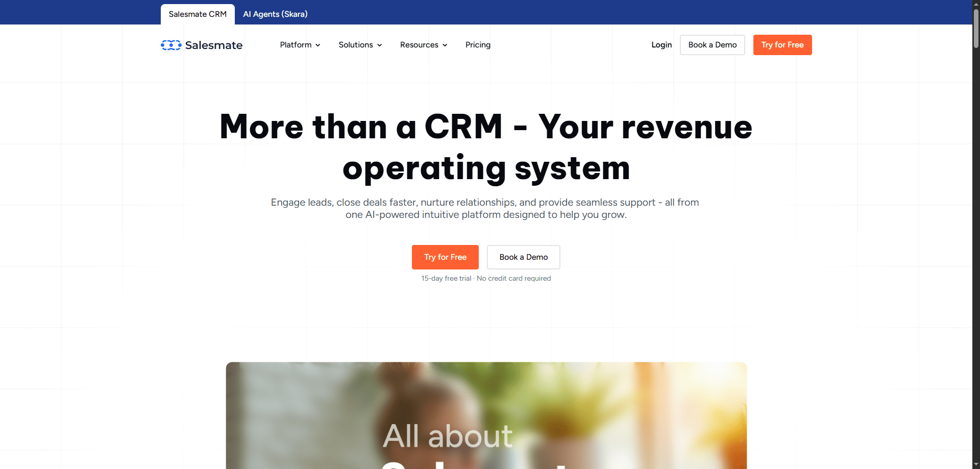 Salesmate homepage screenshot with “More than a CRM - Your revenue operating system,” plus Try for Free and Book a Demo buttons visible.