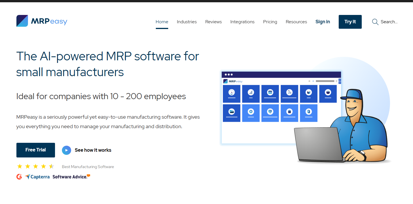 MRPeasy homepage screenshot with AI MRP software promo, cartoon worker on laptop, and blue interface—top inventory system for small business.