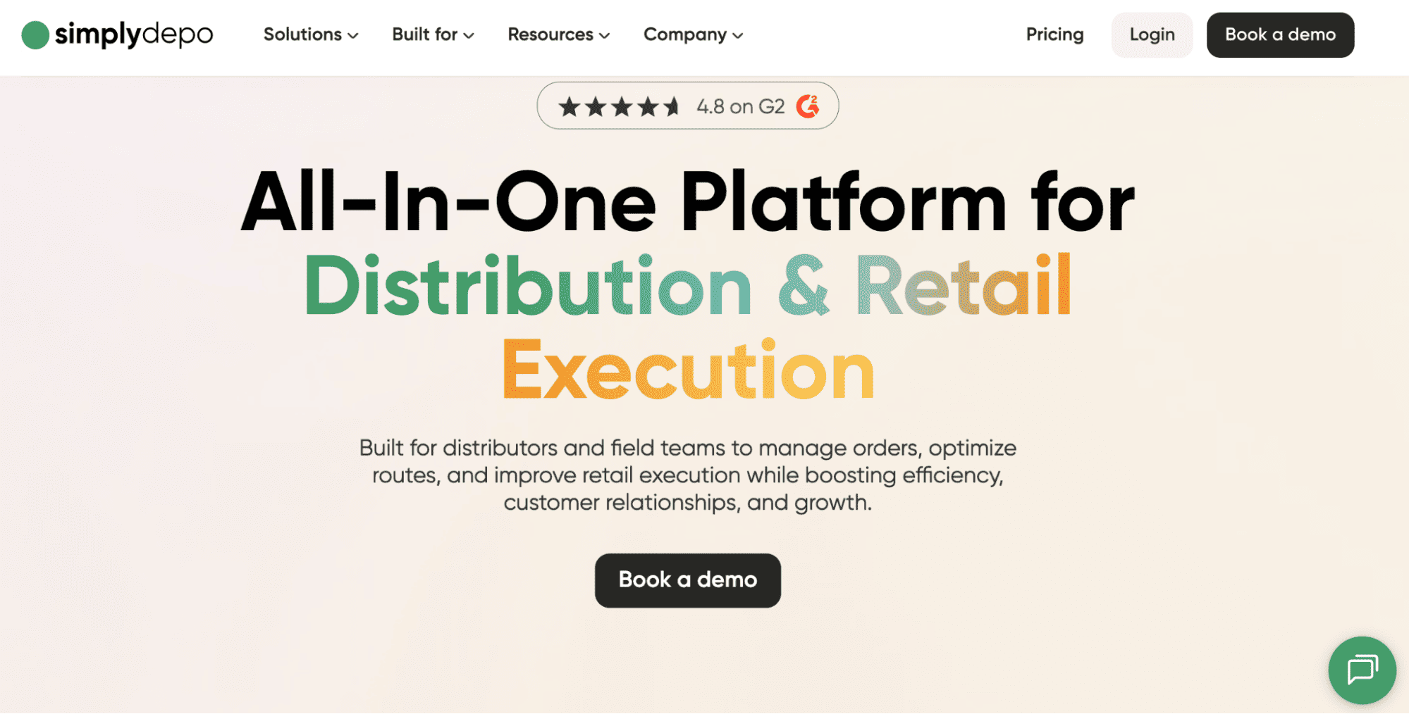 Simplydepo’s homepage showcases its All-In-One Platform for Distribution & Retail Execution, 4.8 stars, and a Book a Demo button.