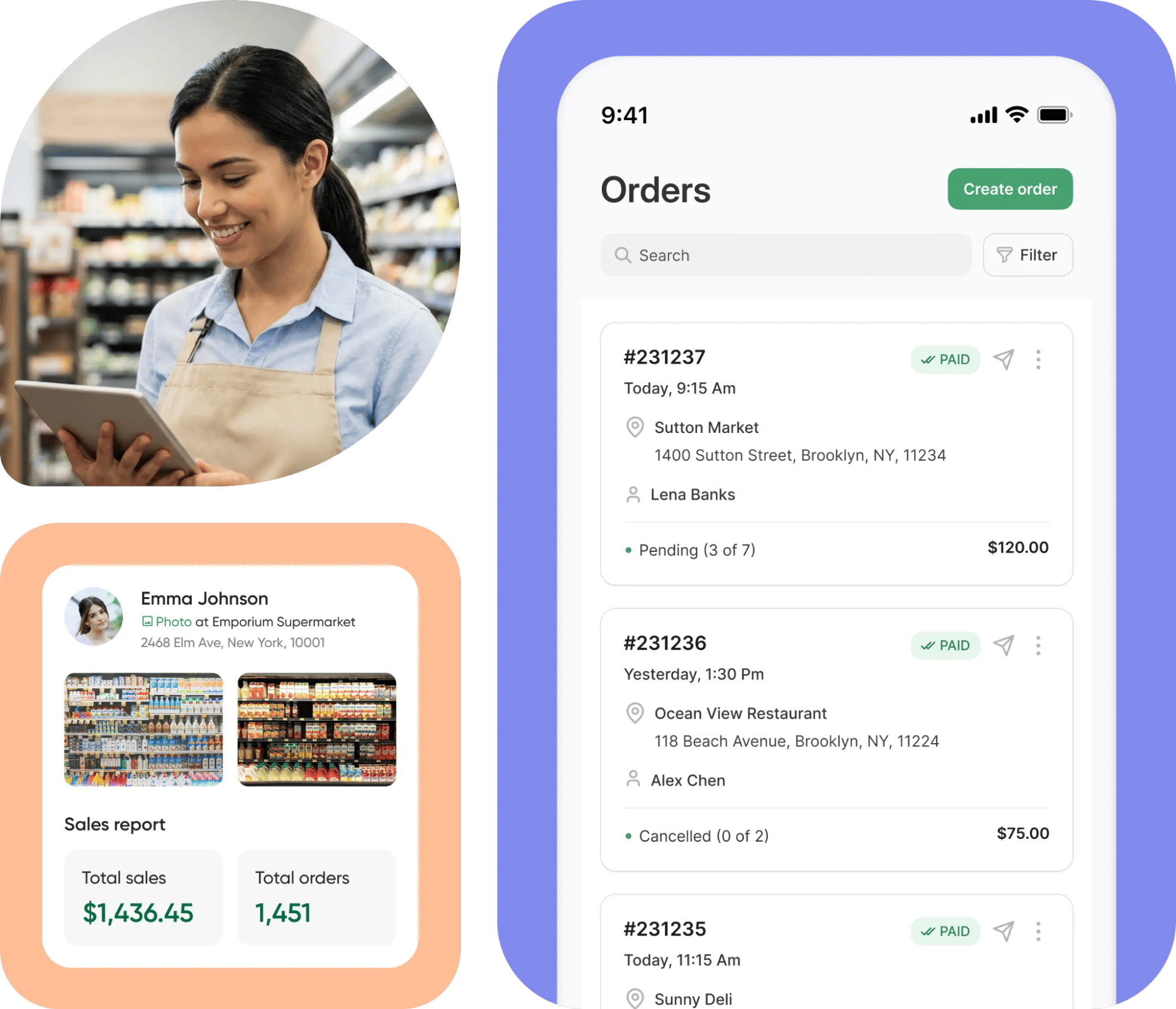 A woman in a grocery store uses a tablet, with app screenshots showing order management and wholesale license steps for US businesses.
