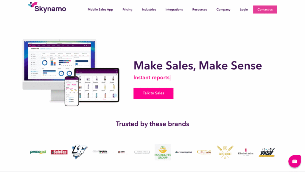 Skynamo homepage with "Make Sales, Make Sense" tagline, pink Talk to Sales button, app screenshots, and trusted brand logos below.