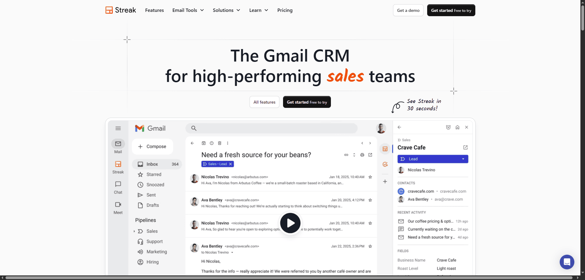 Streak homepage screenshot showing the motto "The Gmail CRM for high-performing sales teams" and a Gmail preview with Streak CRM features.