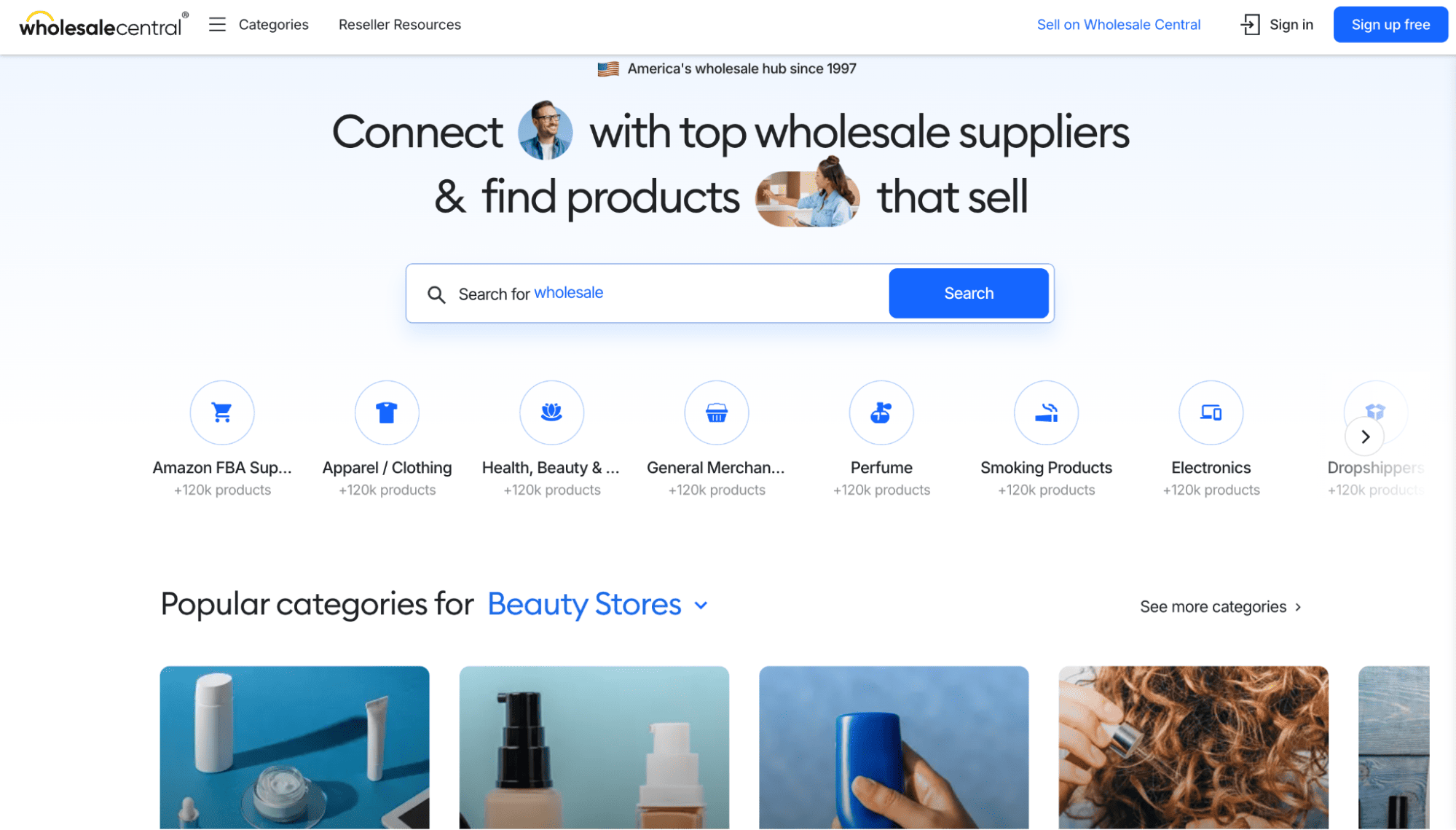Wholesale Central homepage with blue and white design, supplier search bar, beauty product images, category icons, and login/signup buttons.