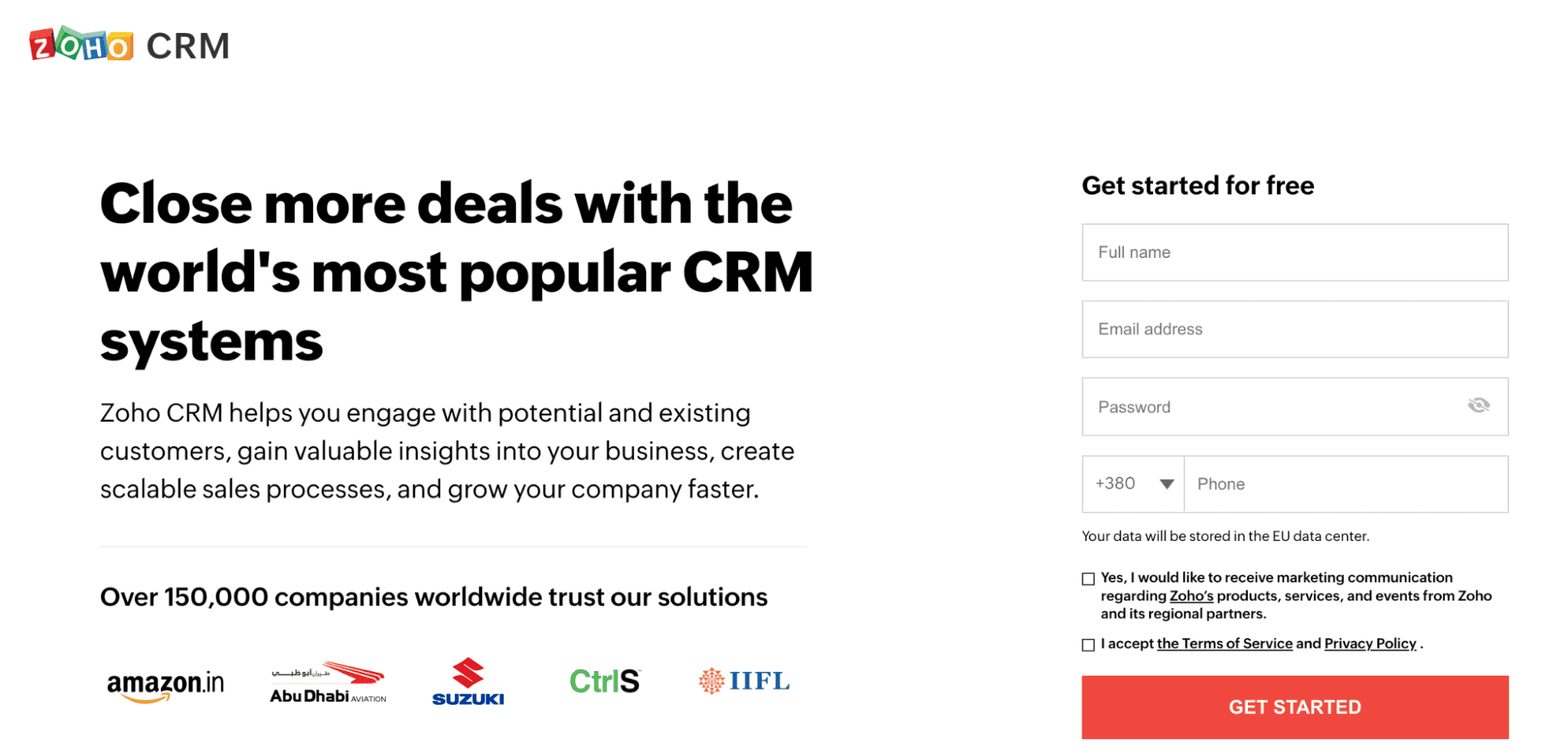 Zoho CRM ad page promotes the top CRM for outside sales 2026, with bold titles, logos, and a streamlined sign-up form for users.