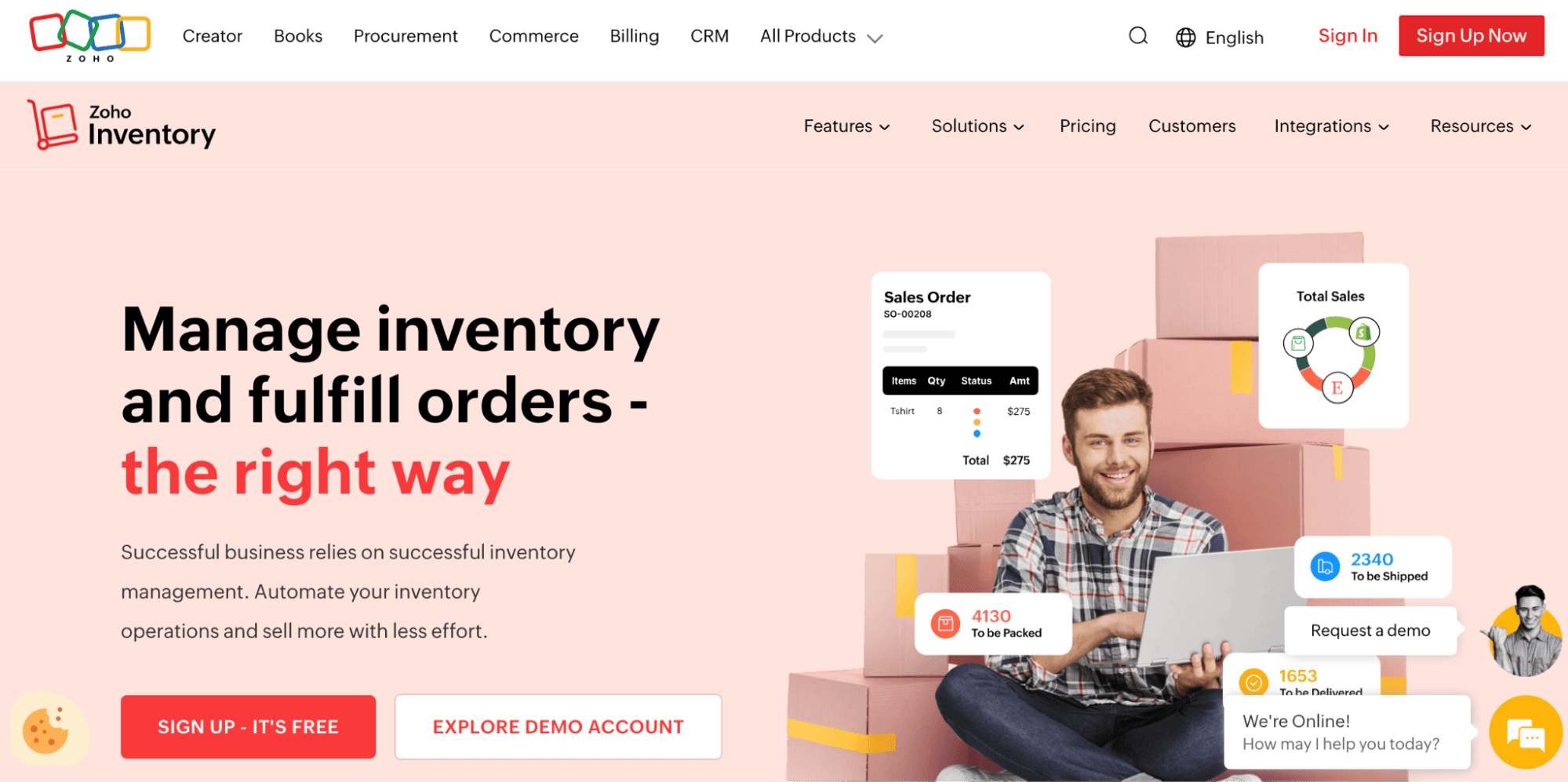 A cheerful man uses a laptop amid cardboard boxes, tracking sales stats. “Manage inventory and fulfill orders— the right way.”.