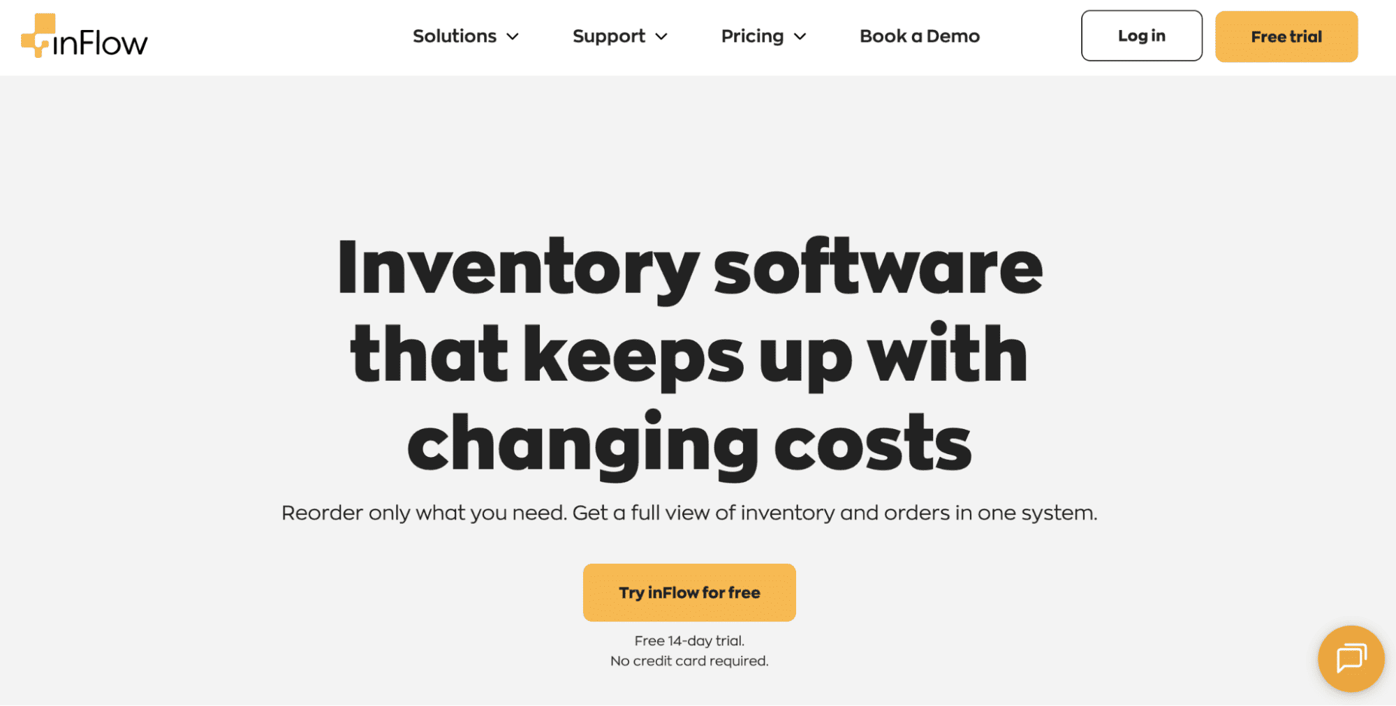 InFlow homepage showing “Inventory software that keeps up with changing costs,” a yellow “Try inFlow for free” button, and top nav.