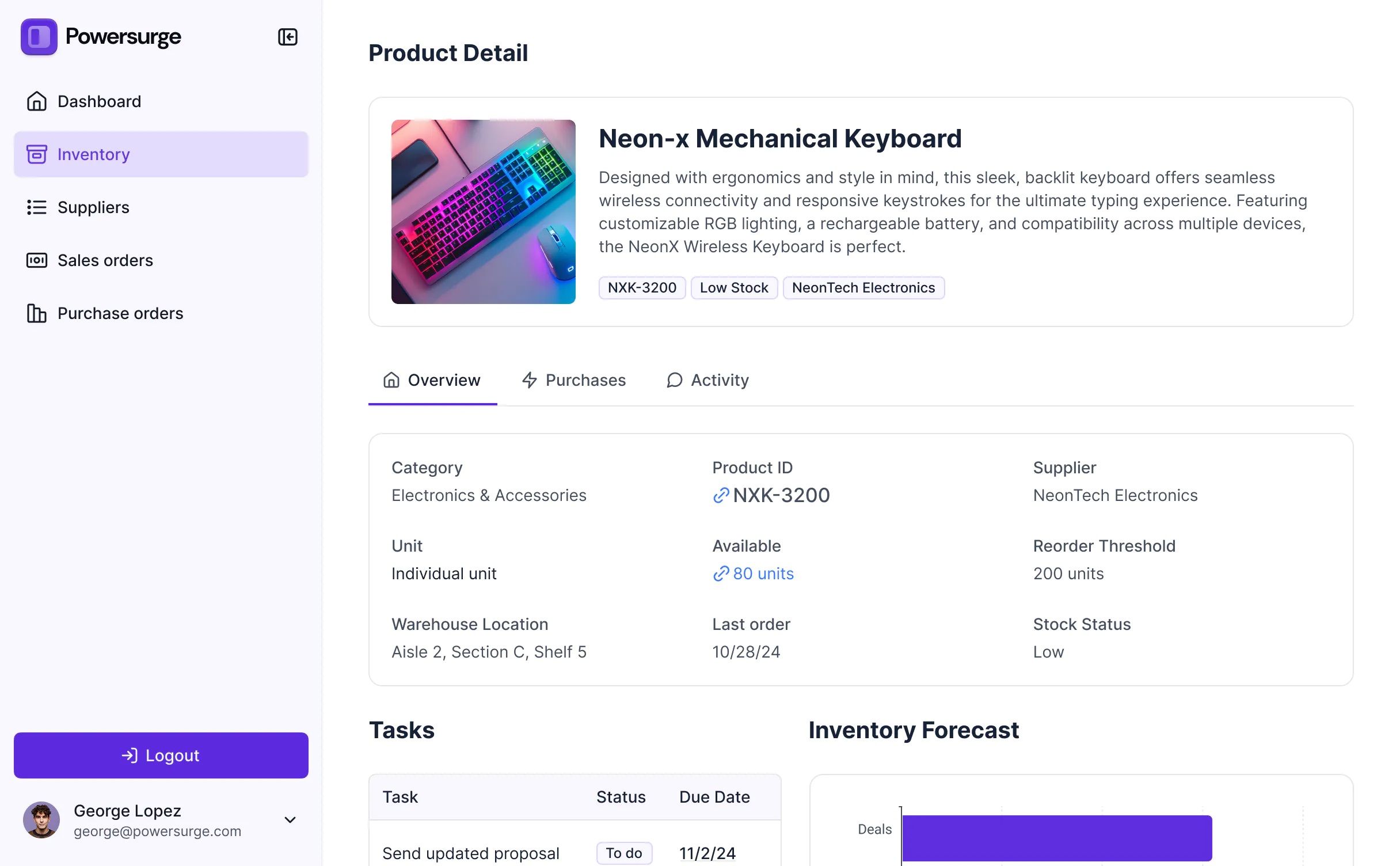 Neon-x Mechanical Keyboard product page with vibrant keyboard image, details, inventory stats, tasks list, forecast chart, and left sidebar.