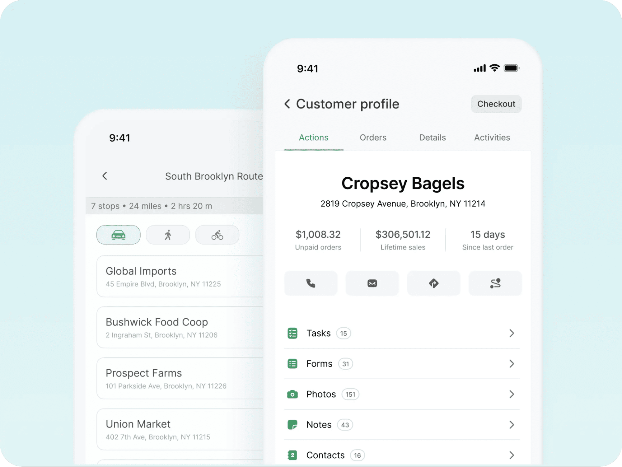 Mobile app displays Cropsey Bagels customer profile for Field Reps with tasks, orders, contacts; another shows 2026 route optimization.