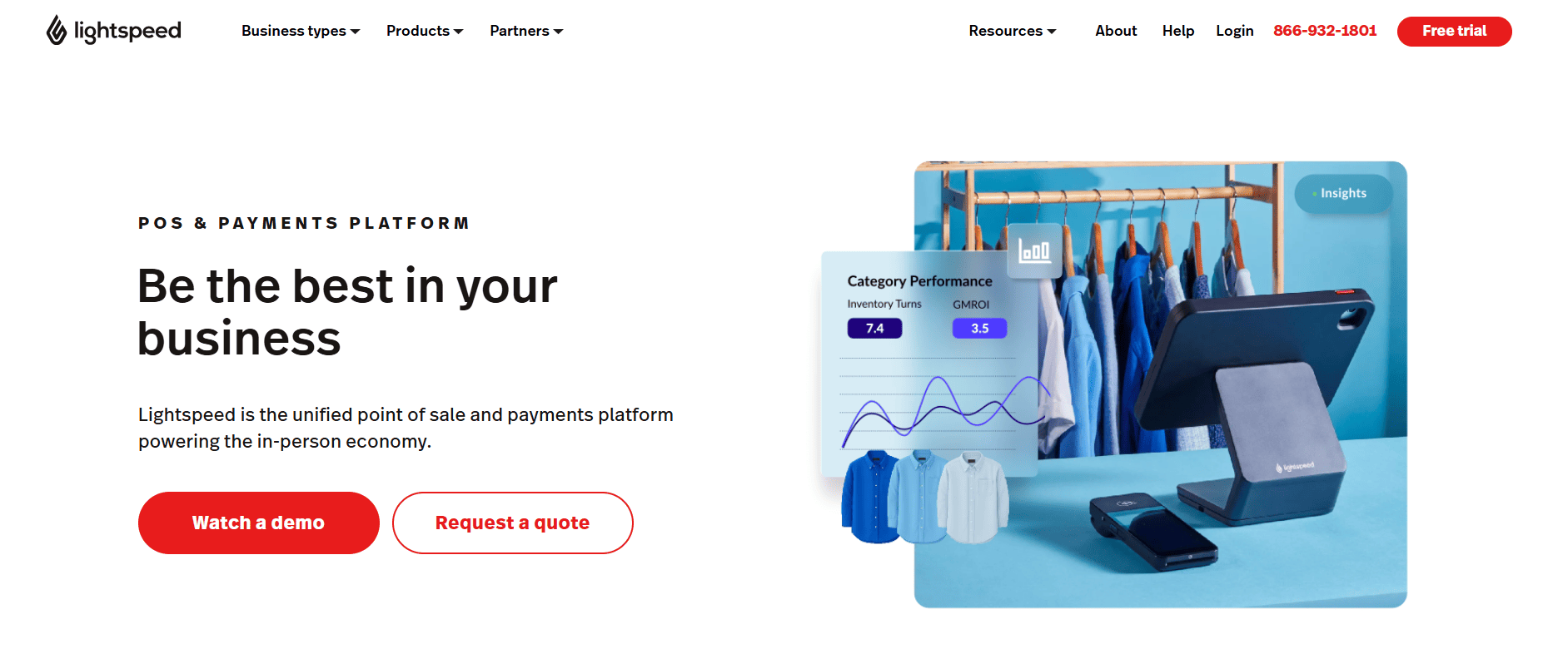 Lightspeed homepage screenshot showing retail POS software, charts, register, clothing racks, and options to demo or get a quote.